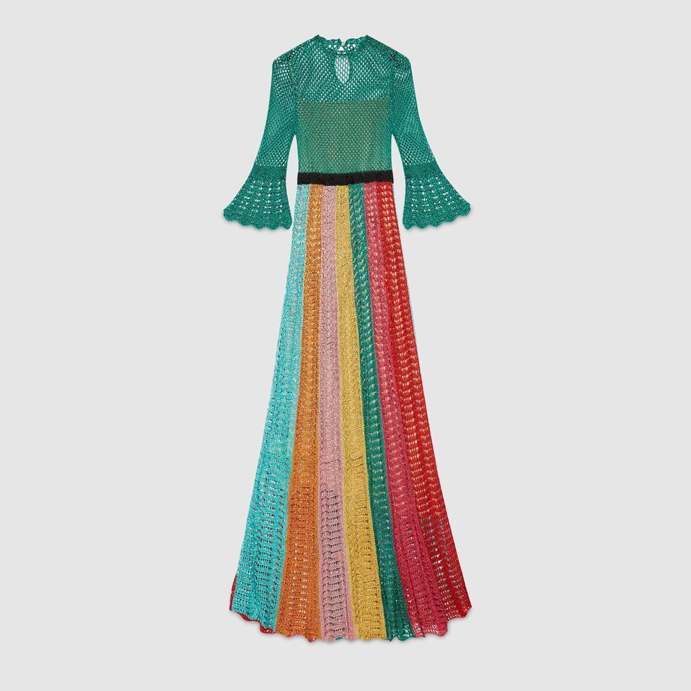 Expertly fabricated in Italy, this ultra-romantic dress has been knitted from a shimmering lurex-rayon blend and accentuated with three-quarter length bell sleeves, a black knitted waistband and multi-coloured vertical stripe knit throughout the
