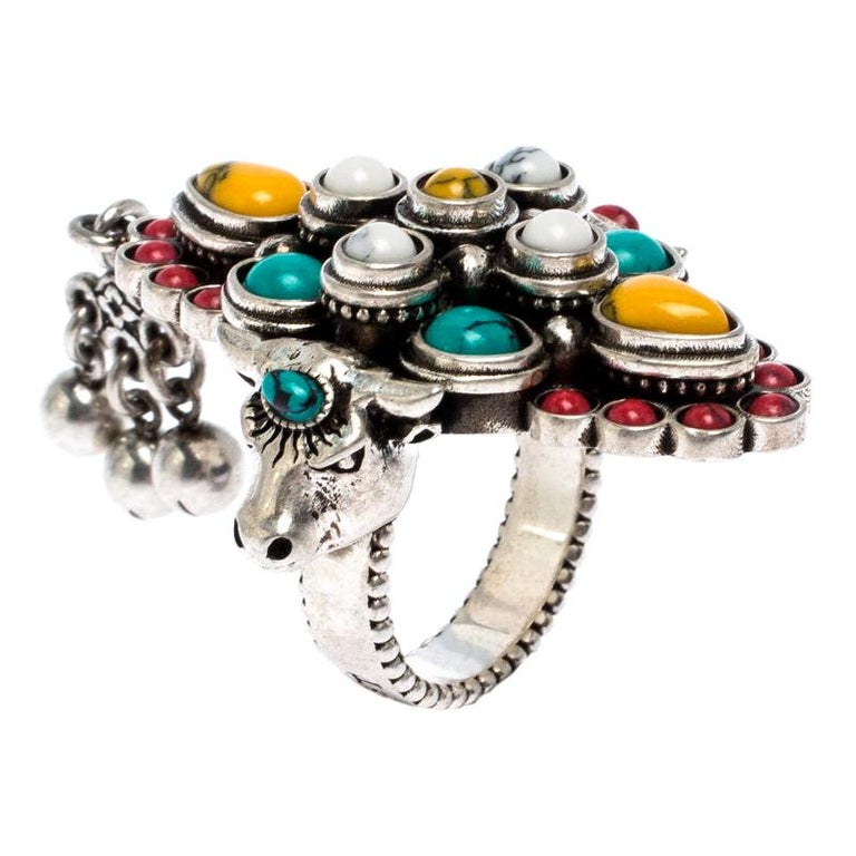 svale Profeti Seminar Gucci Multicolor Beaded Aged Sterling Silver Anger Forest Ring Size EU 52.5  For Sale at 1stDibs