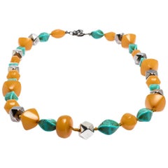 Gucci Multicolor Beaded Silver Tone Long Statement Necklace