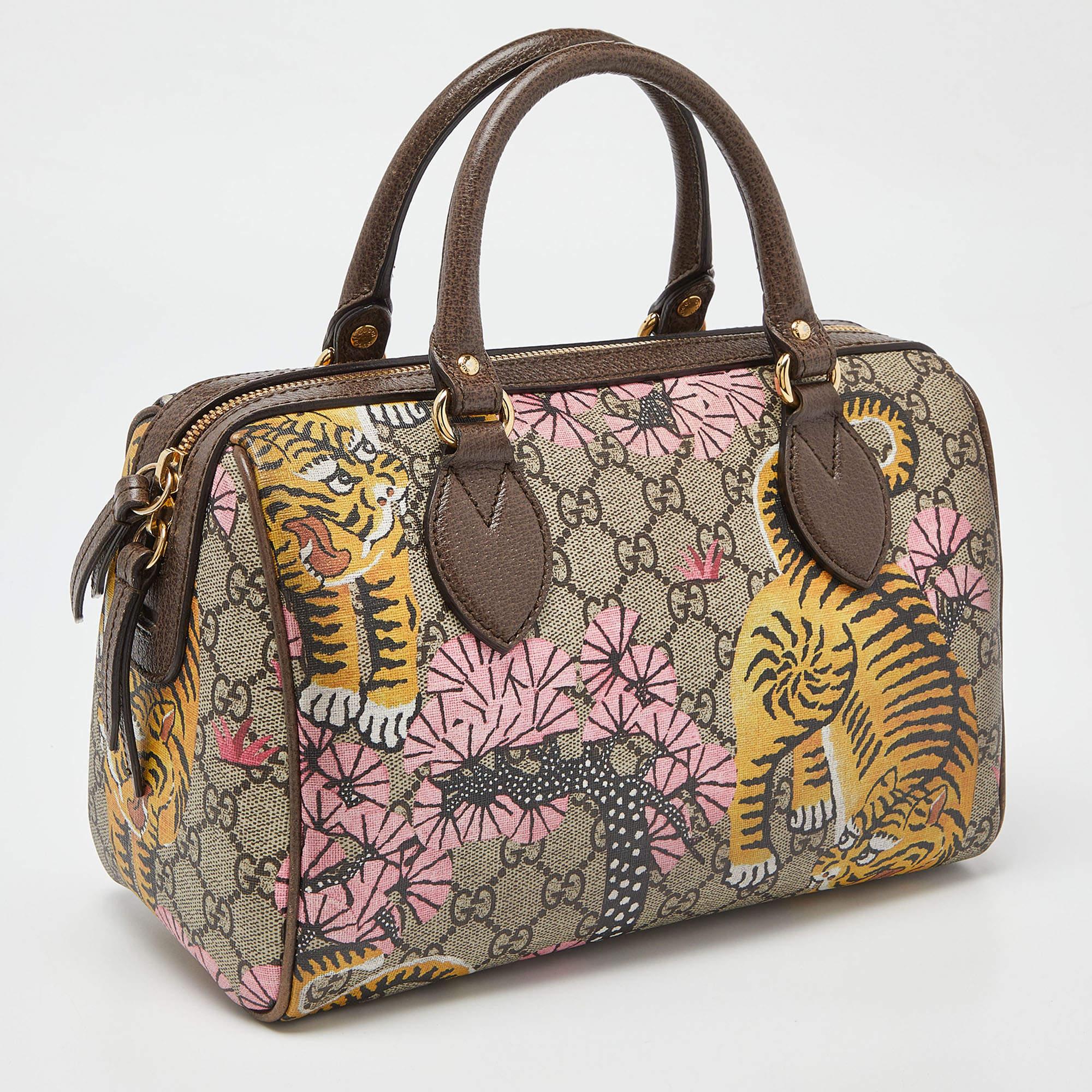 Brown Gucci Multicolor Bengal Tiger GG Supreme Canvas and Leather Small Boston Bag