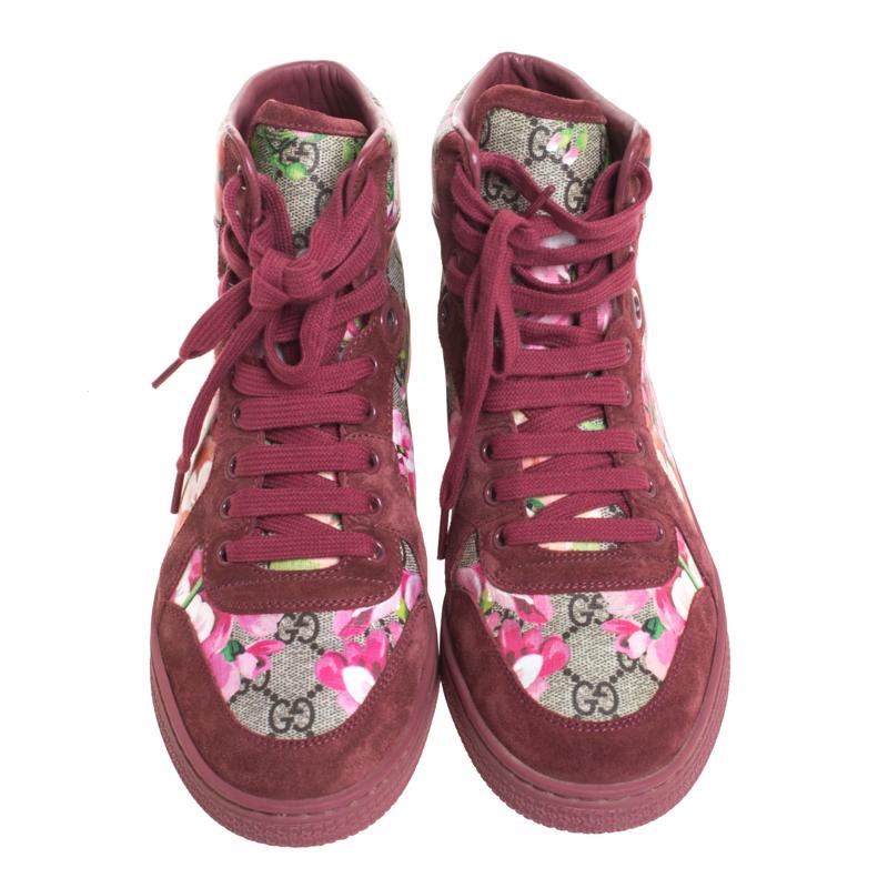 Brown Gucci Multicolor Blooms Printed GG Coated Canvas High Top Sneakers Size 39