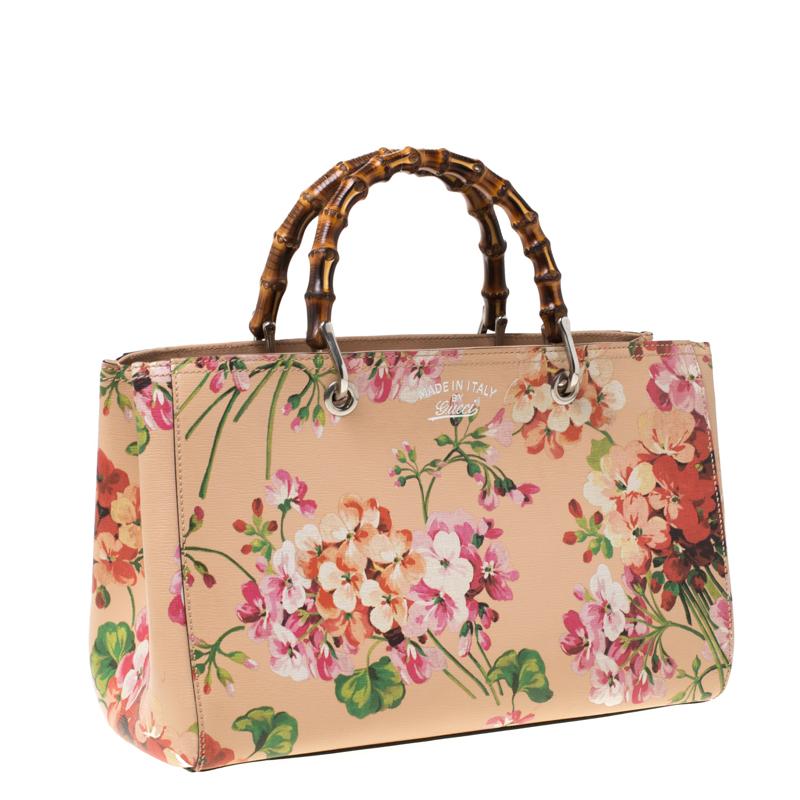 Gucci Multicolor Bloom's Printed Leather Bamboo Shopper Tote In Excellent Condition In Dubai, Al Qouz 2