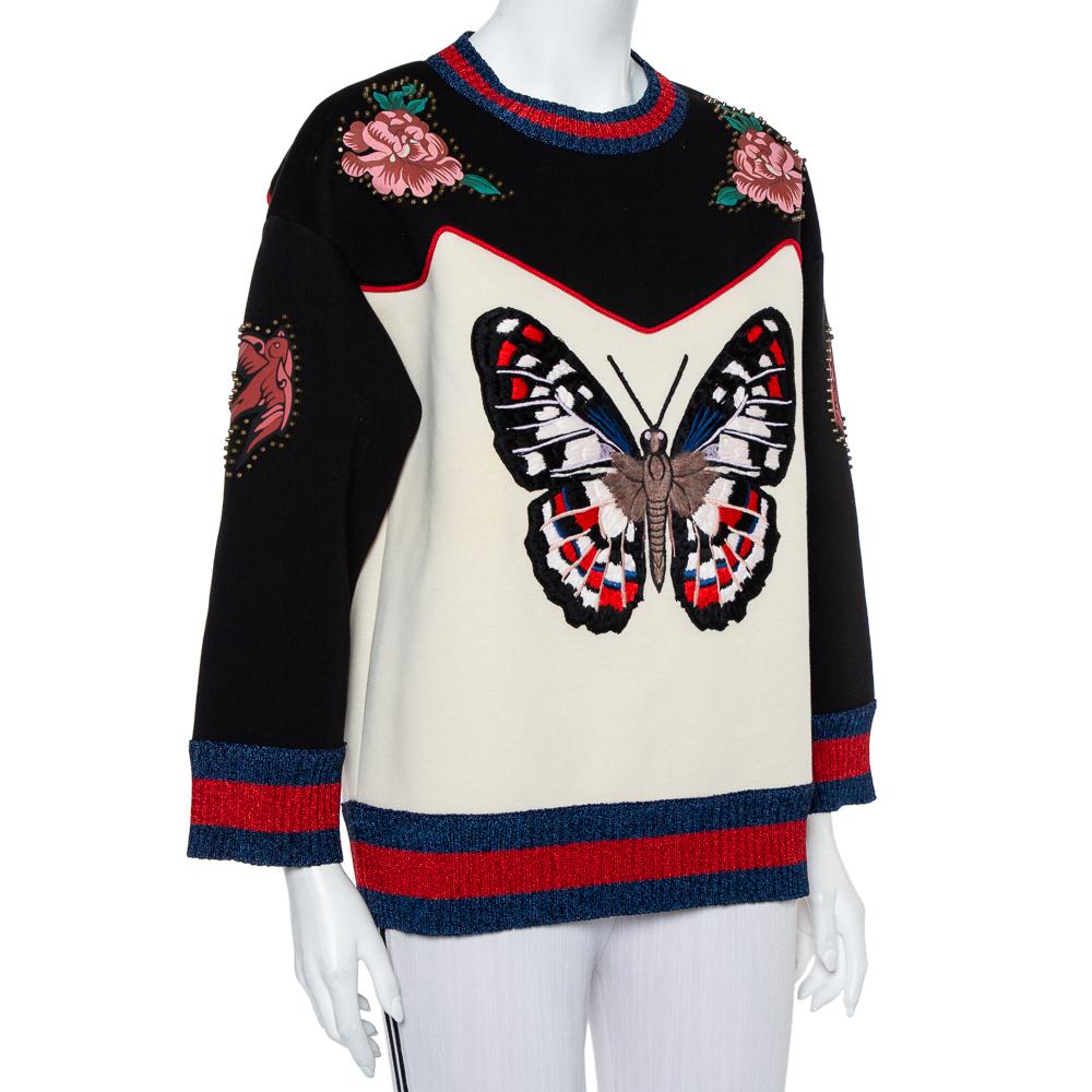 Gucci Multicolor Bonded Baumwolle Schmetterling bestickt Pullover L (Schwarz)