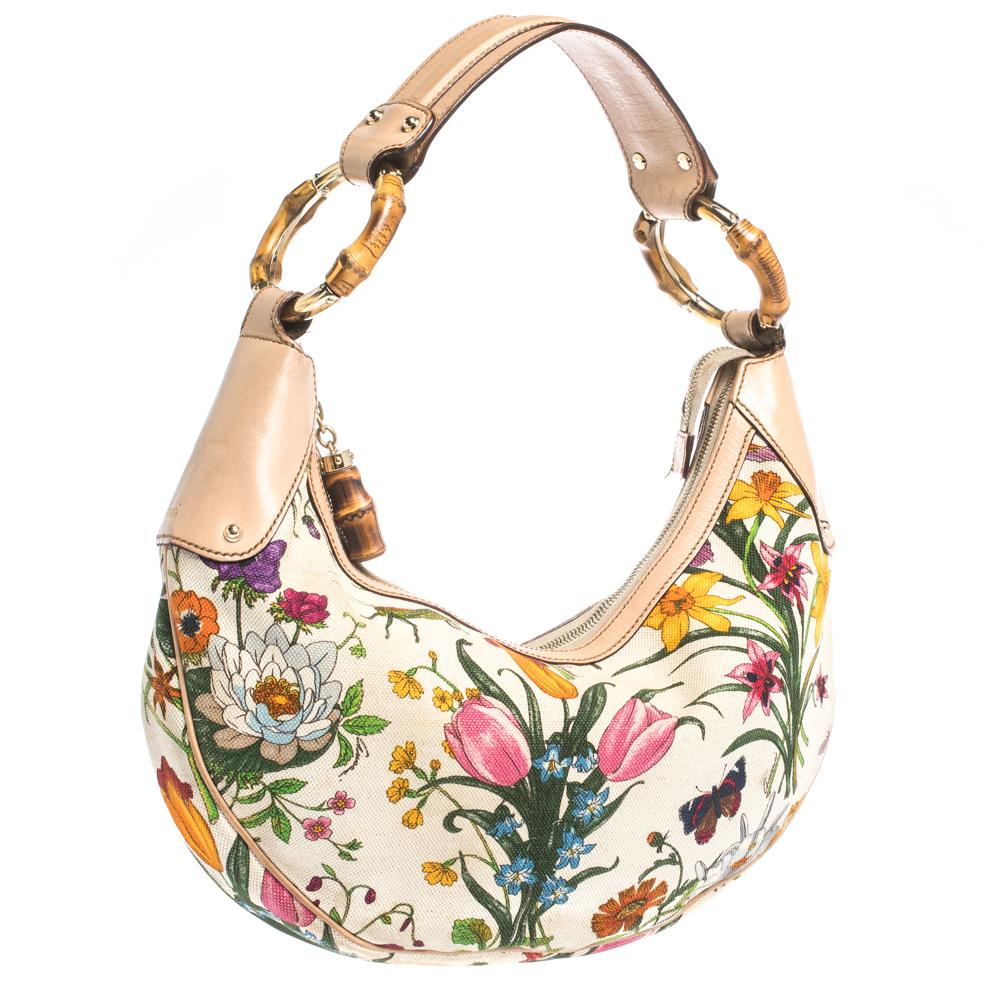 Gucci Multicolor Botanical Floral Canvas and Leather Bamboo Ring Hobo In Fair Condition In Dubai, Al Qouz 2
