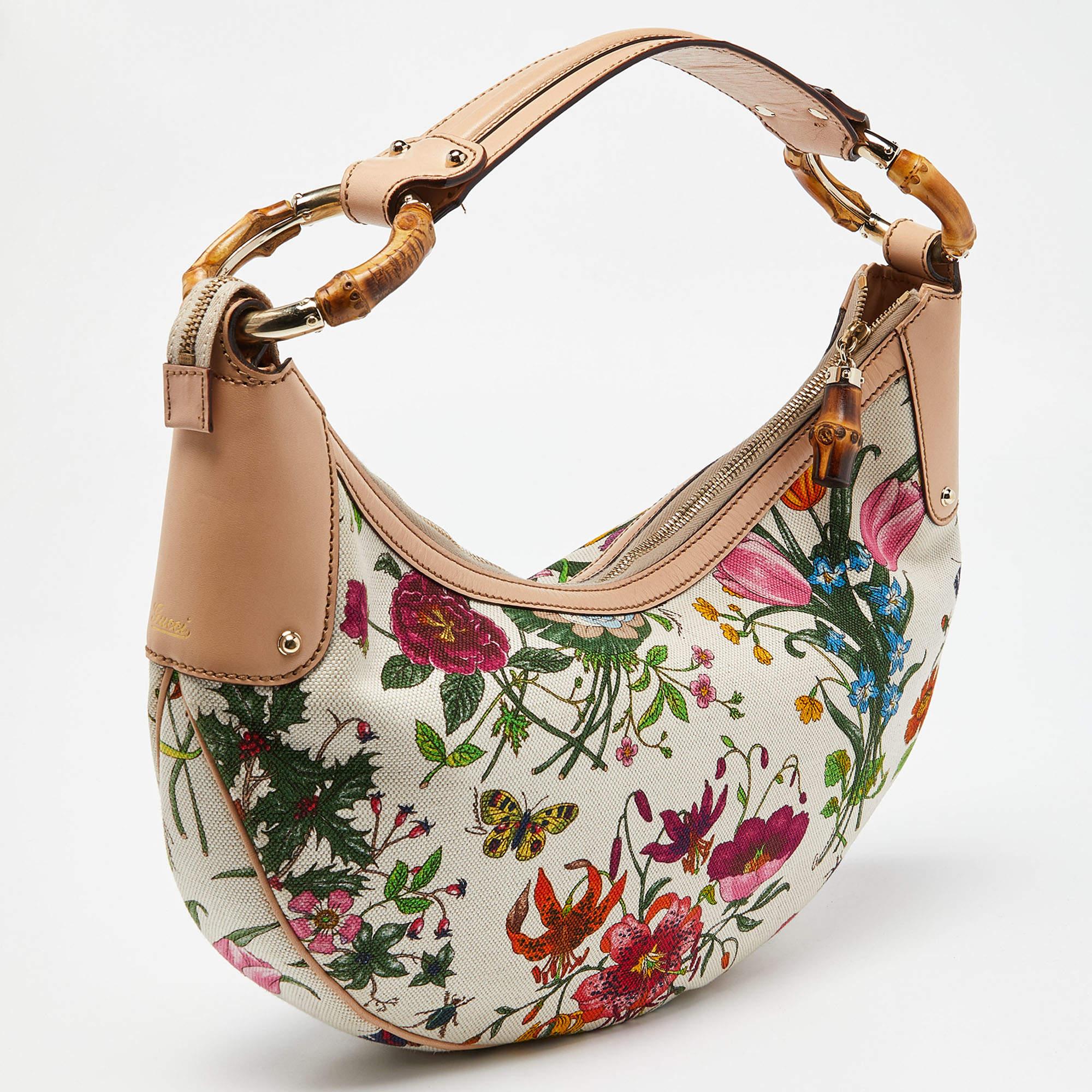 Women's Gucci Multicolor Botanical Floral Canvas and Leather Bamboo Ring Hobo