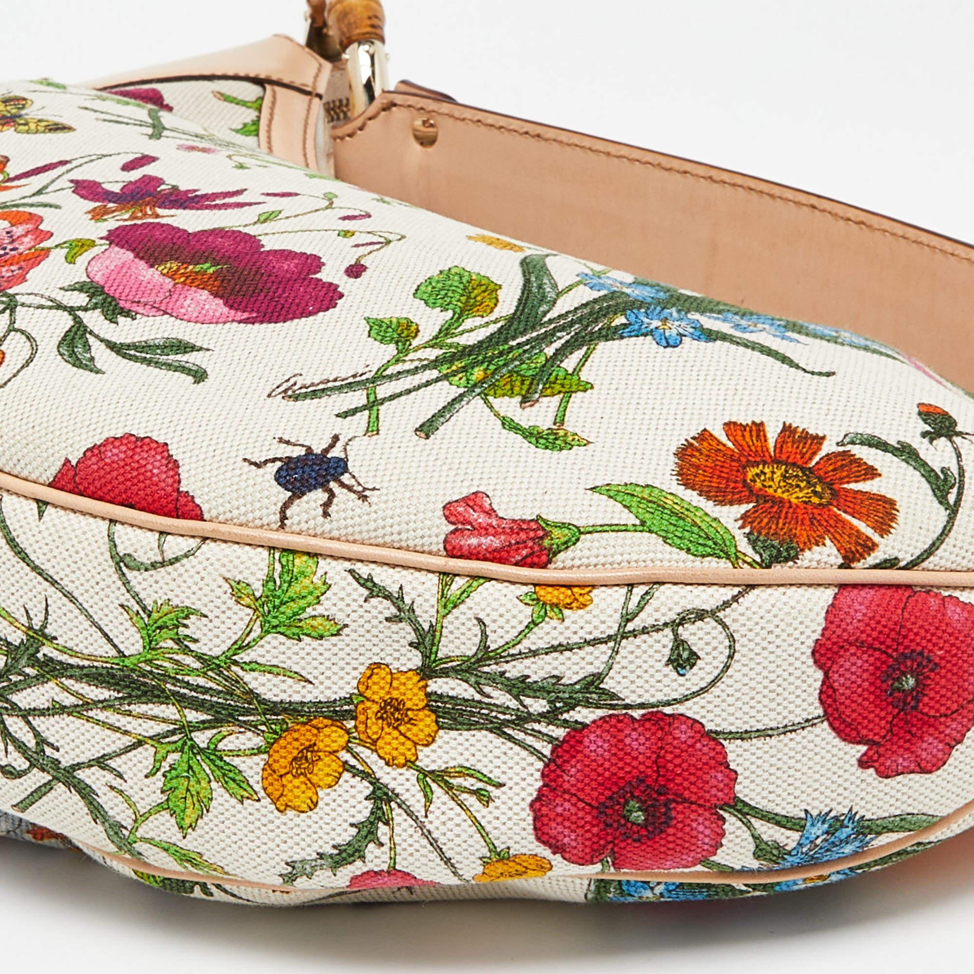 Gucci Multicolor Botanical Floral Canvas and Leather Bamboo Ring Hobo 3
