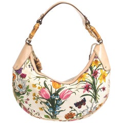 Gucci Multicolor Botanical Floral Canvas and Leather Bamboo Ring Hobo