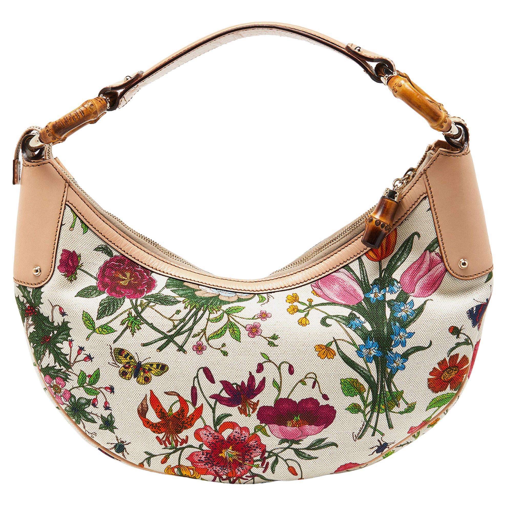 Gucci Multicolor Botanical Floral Canvas and Leather Bamboo Ring Hobo