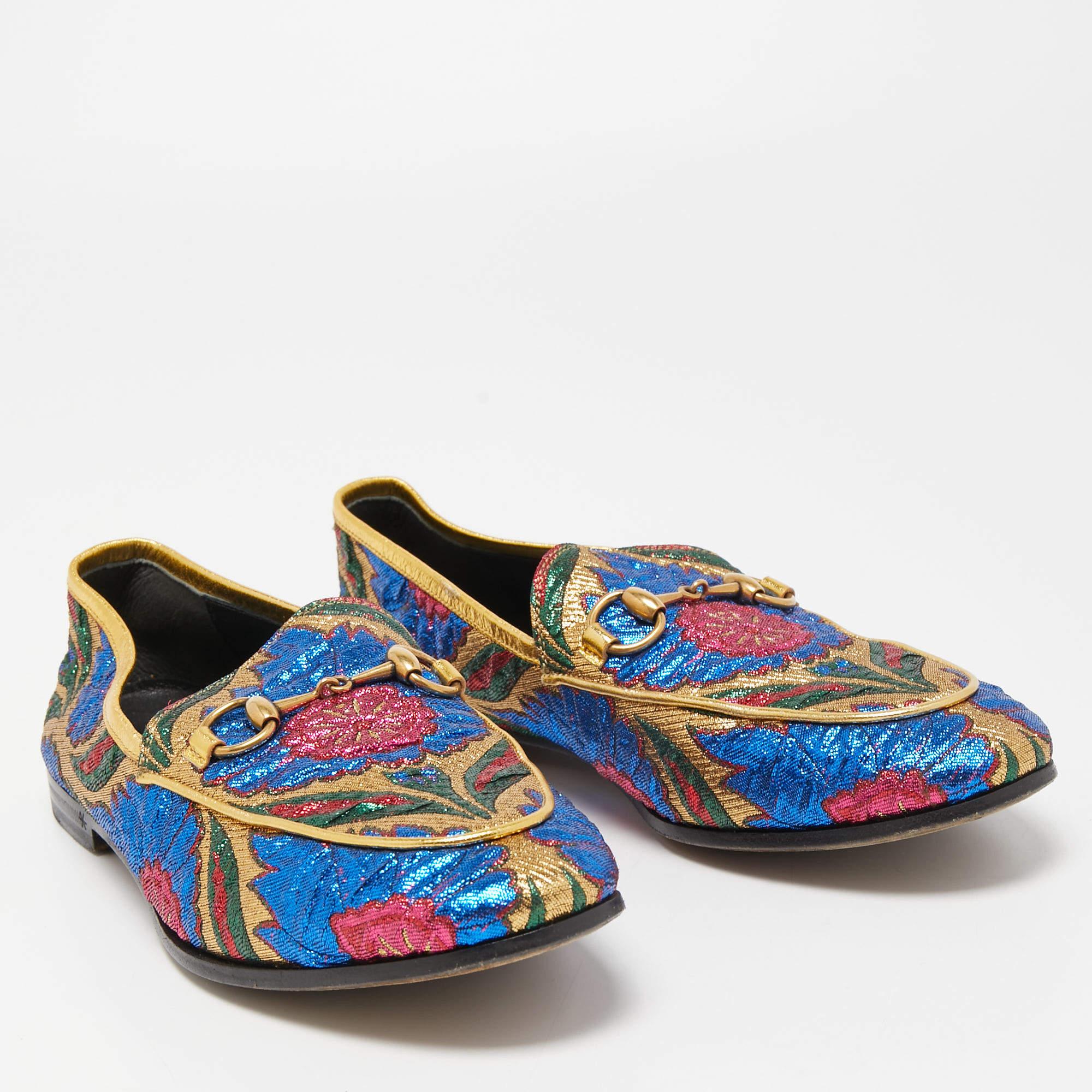 Gucci Multicolor Brocade Fabric Jordaan Loafers Size 35.5 In Good Condition In Dubai, Al Qouz 2