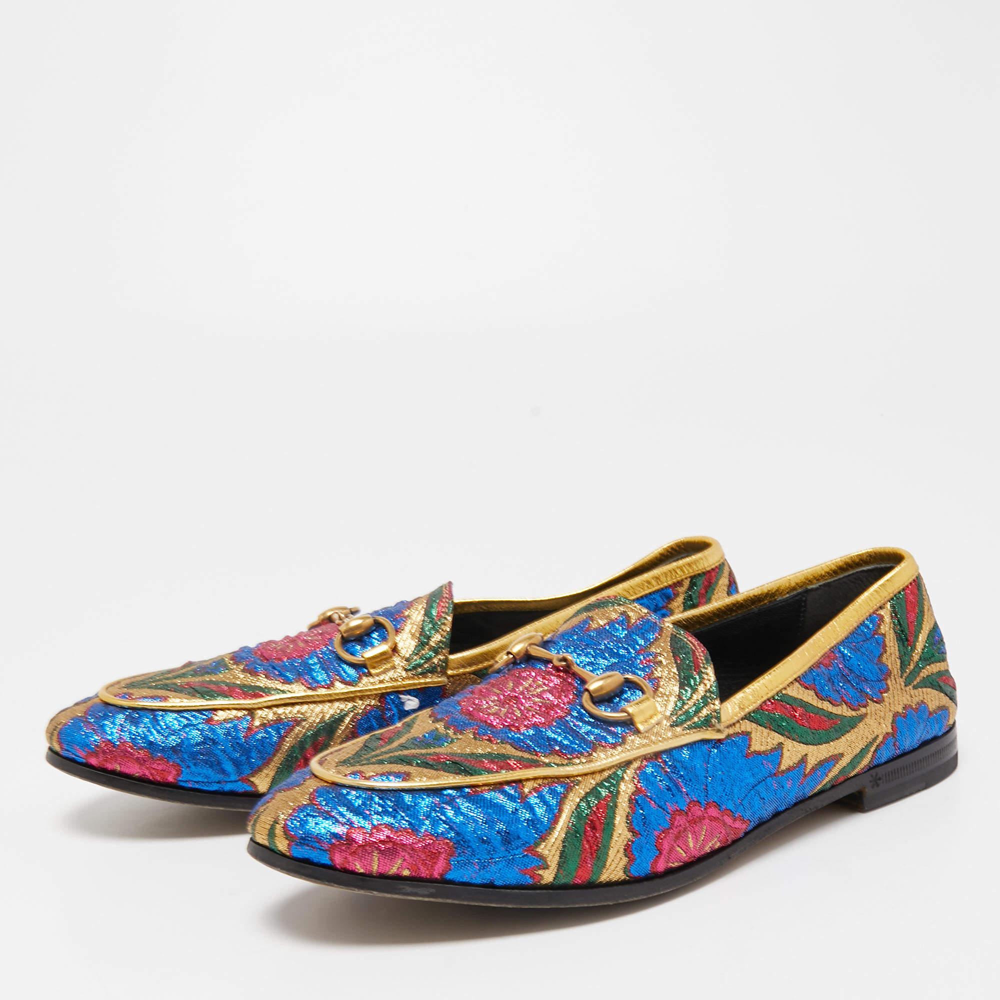 Women's Gucci Multicolor Brocade Fabric Jordaan Loafers Size 35.5