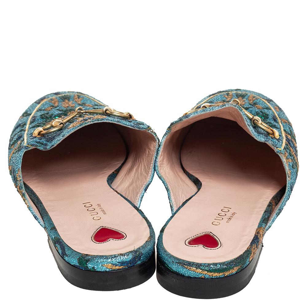 Blue Gucci Multicolor Brocade Fabric Princetown Horsebit Mules Size 37.5