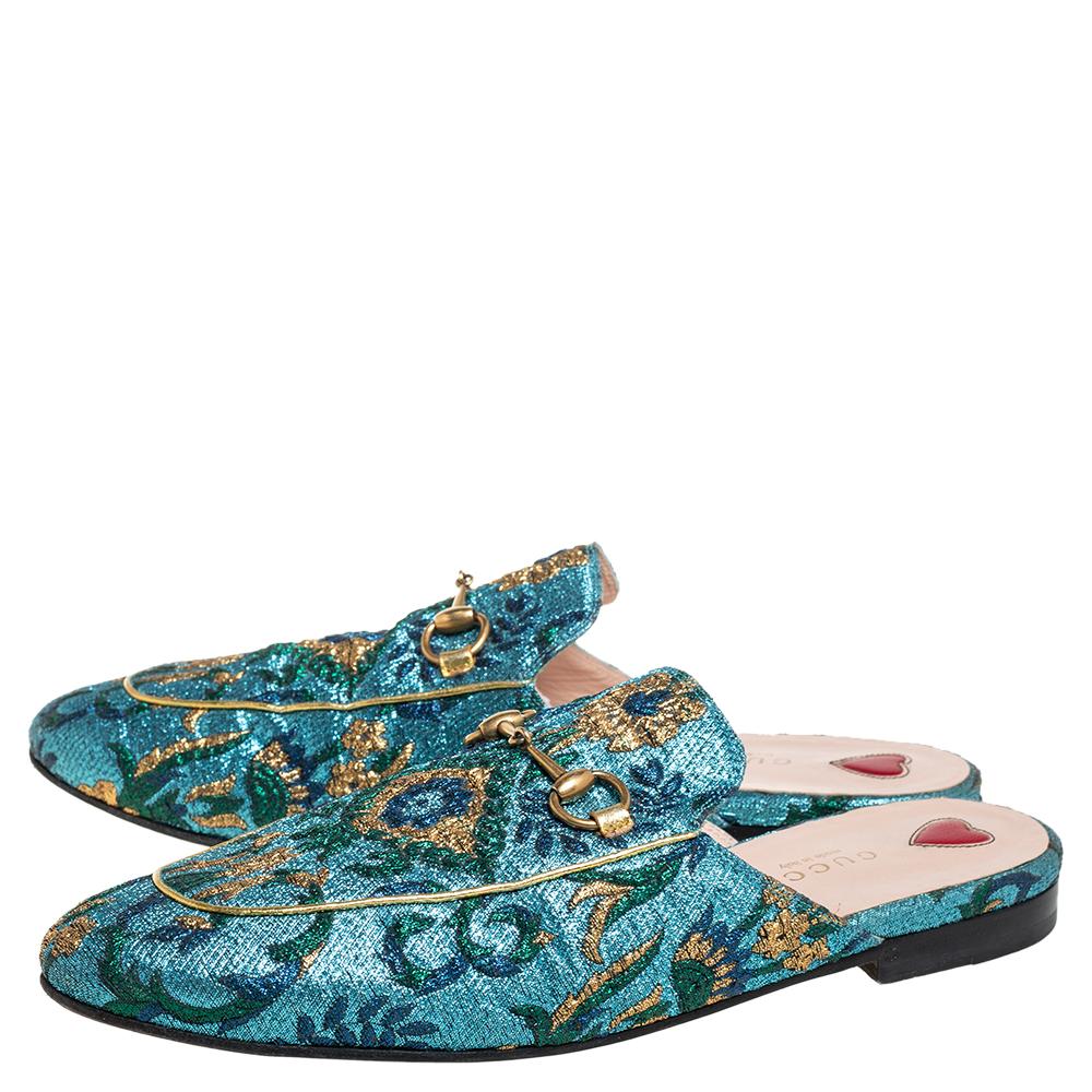 Gucci Multicolor Brocade Fabric Princetown Horsebit Mules Size 37.5 In Good Condition In Dubai, Al Qouz 2