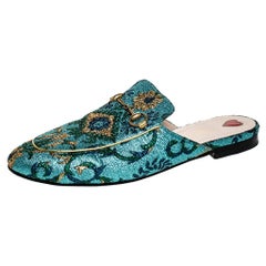 Used Gucci Multicolor Brocade Fabric Princetown Mules Size 40.5
