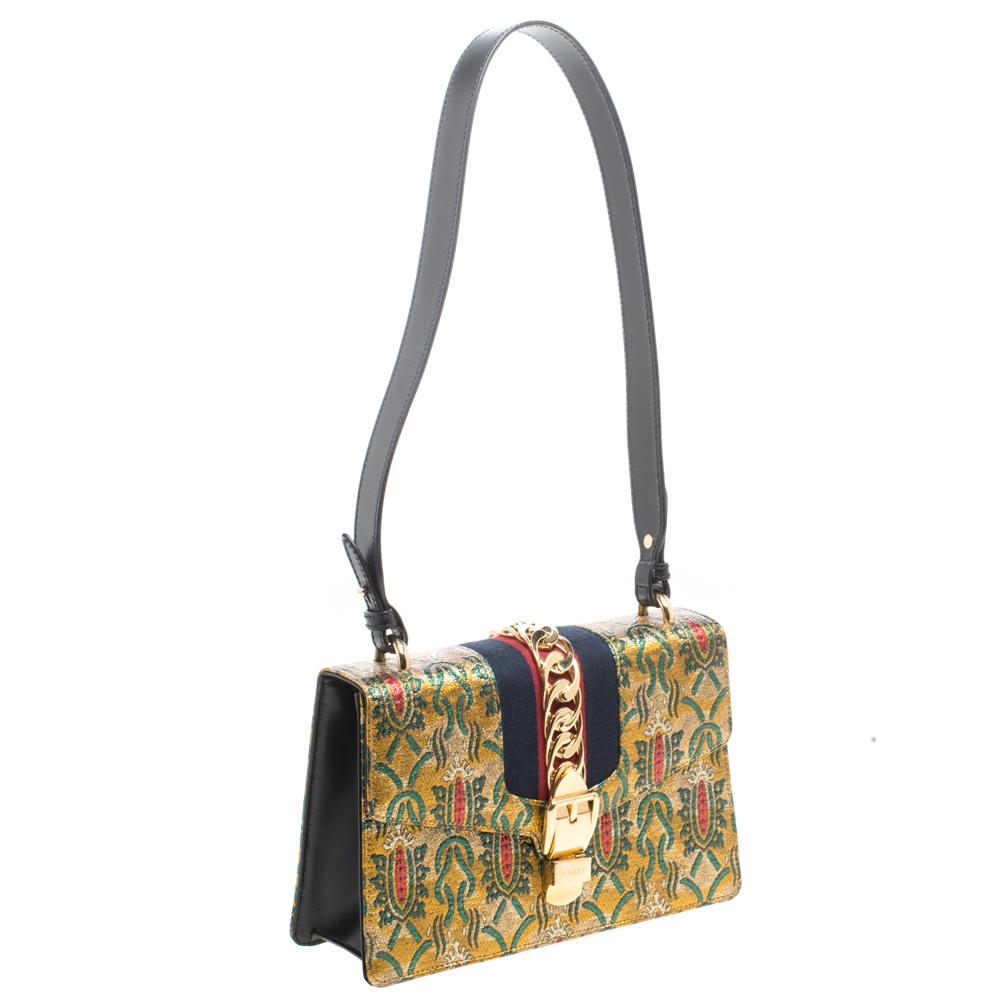 Brown Gucci Multicolor Brocade Fabric Small Sylvie Shoulder Bag