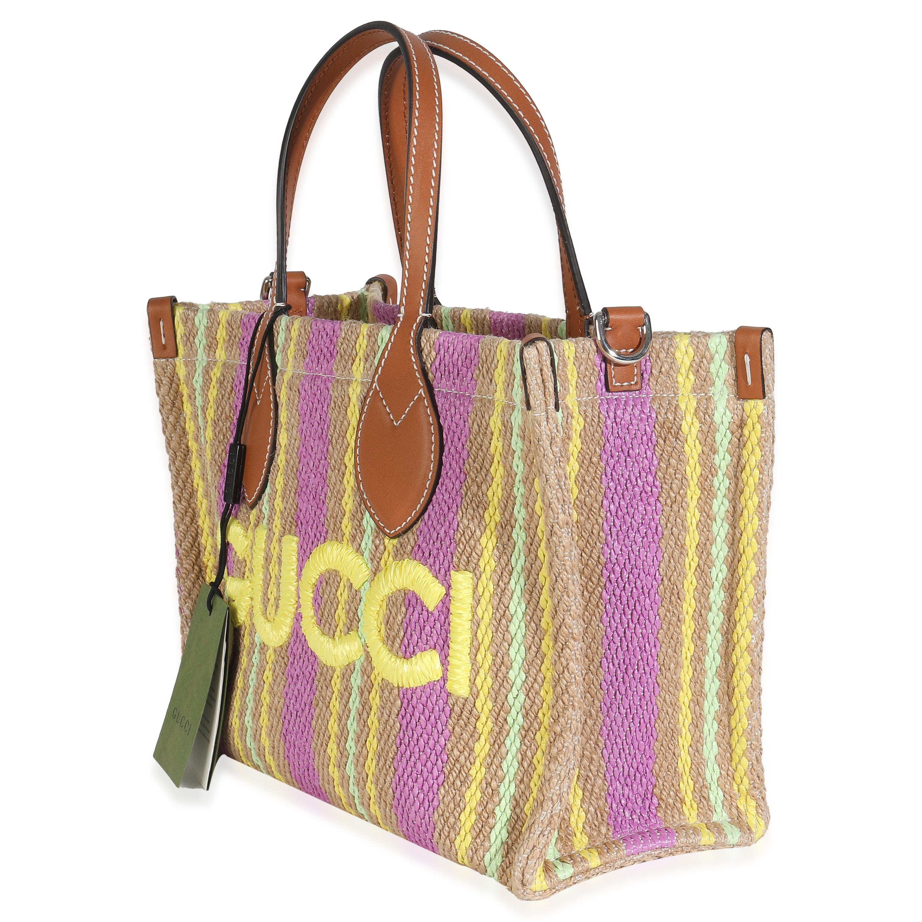 Gucci Multicolor Kalbsleder Jute Logo bestickt kleine vertikale Tote (Braun) im Angebot