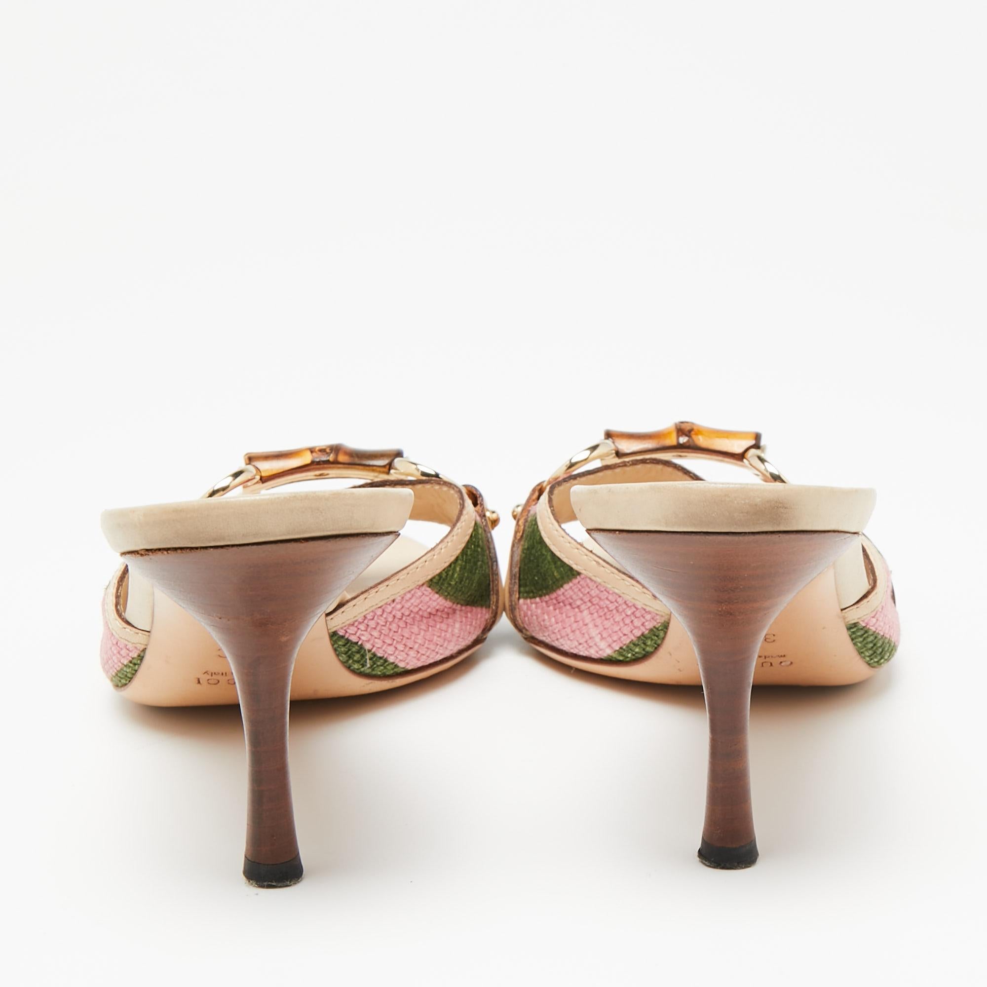 Gucci Multicolor Canvas and Leather Bamboo Horsebit Slide Sandals Size 37 In Good Condition In Dubai, Al Qouz 2