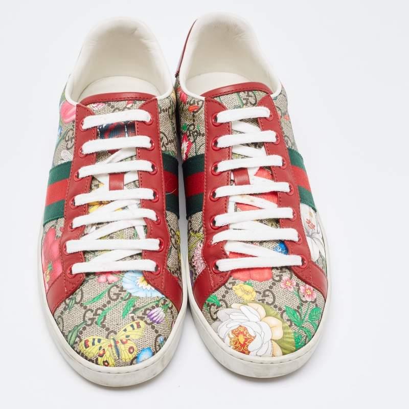 Beige Gucci Multicolor Canvas and Leather GG Canvas Floral Ace Sneakers Size 40