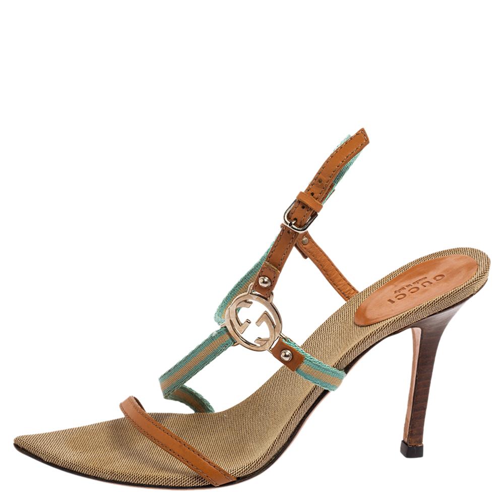 Gucci Multicolor Canvas And Leather GG Logo Ankle Strap Sandals Size 37 4