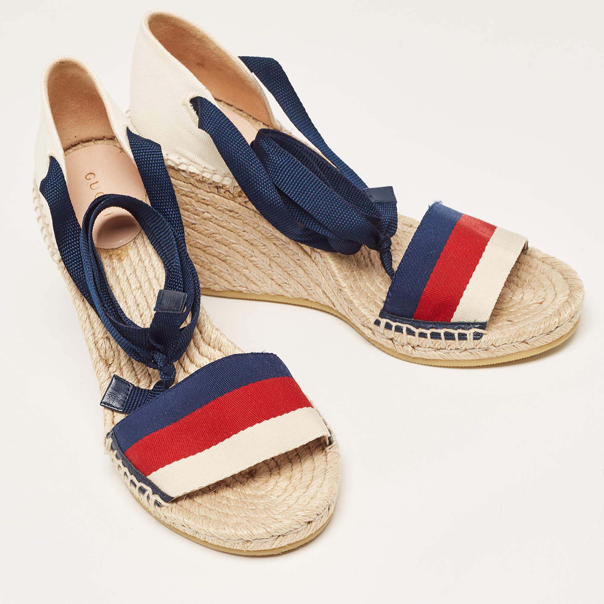 Gucci Multicolor Canvas Lilibeth Sylvie Web Wedge Sandals Size 40 In Excellent Condition For Sale In Dubai, Al Qouz 2