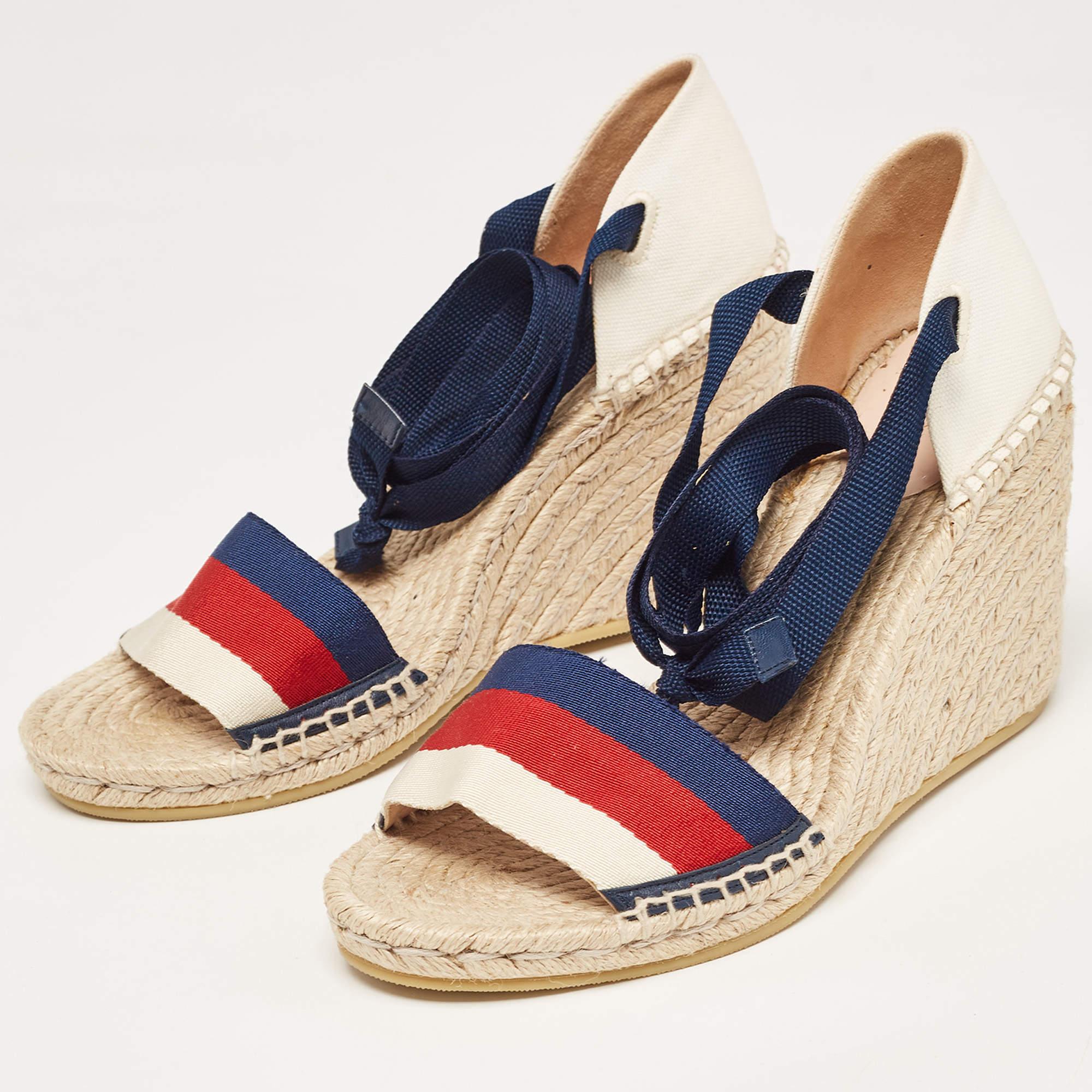 Gucci Multicolor Canvas Lilibeth Sylvie Web Wedge Sandals Size 40 For Sale 2