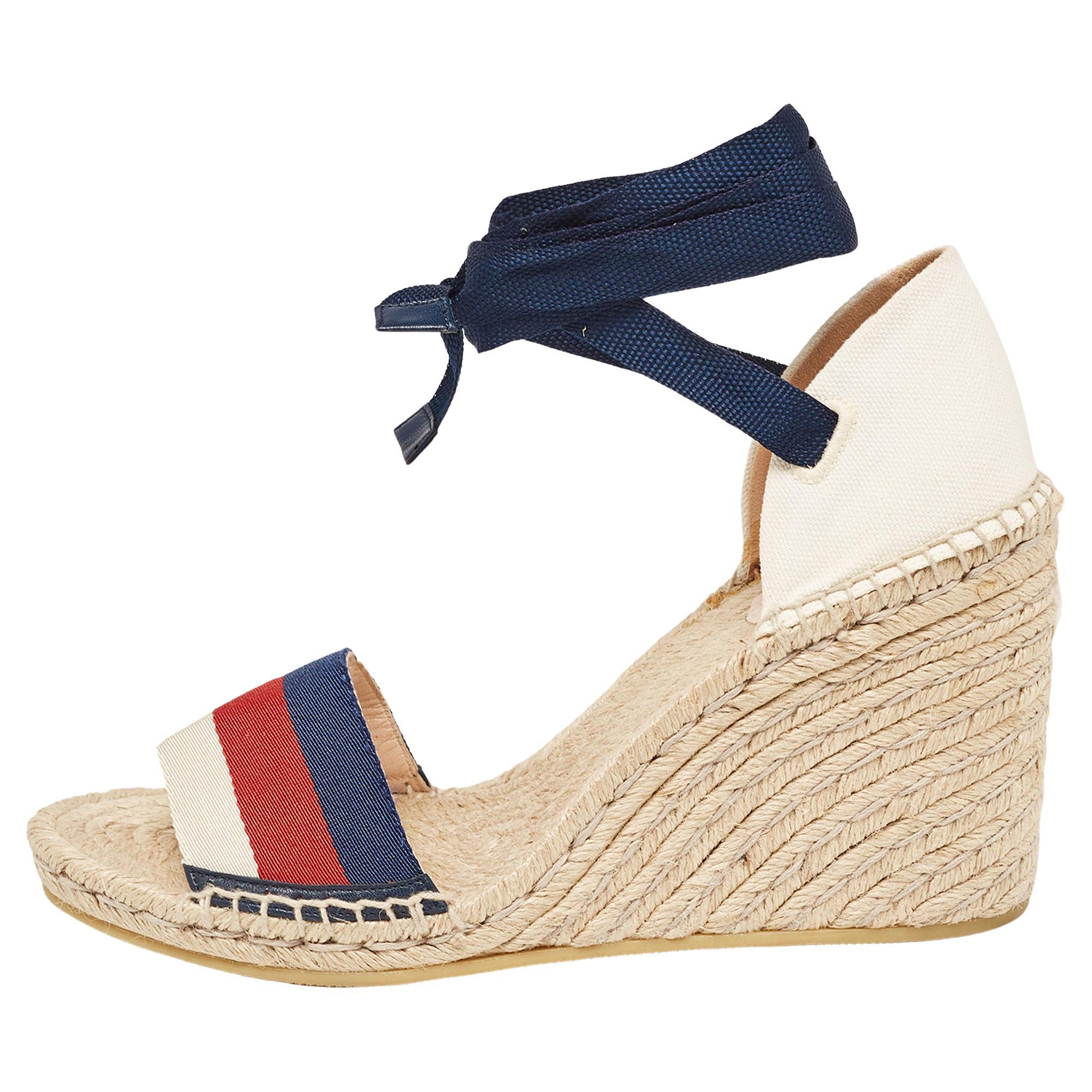 Gucci Multicolor Canvas Lilibeth Sylvie Web Wedge Sandals Size 40 For Sale