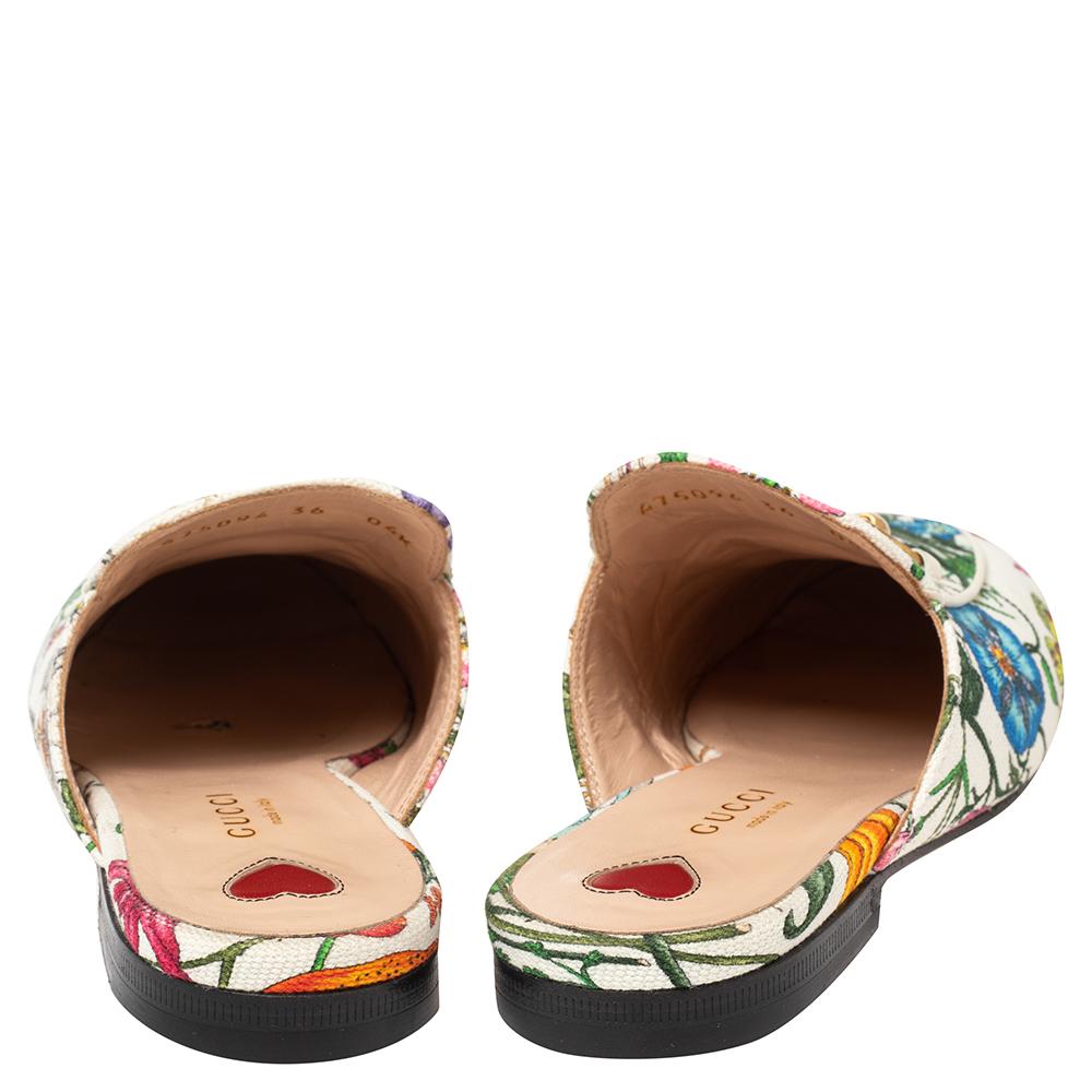 First introduced as part of Gucci's Fall Winter 2015 collection, the Princetown mules are an absolute favorite worldwide and have been worn by countless celebrities. These mules have been designed in canvas and detailed with flora prints and the