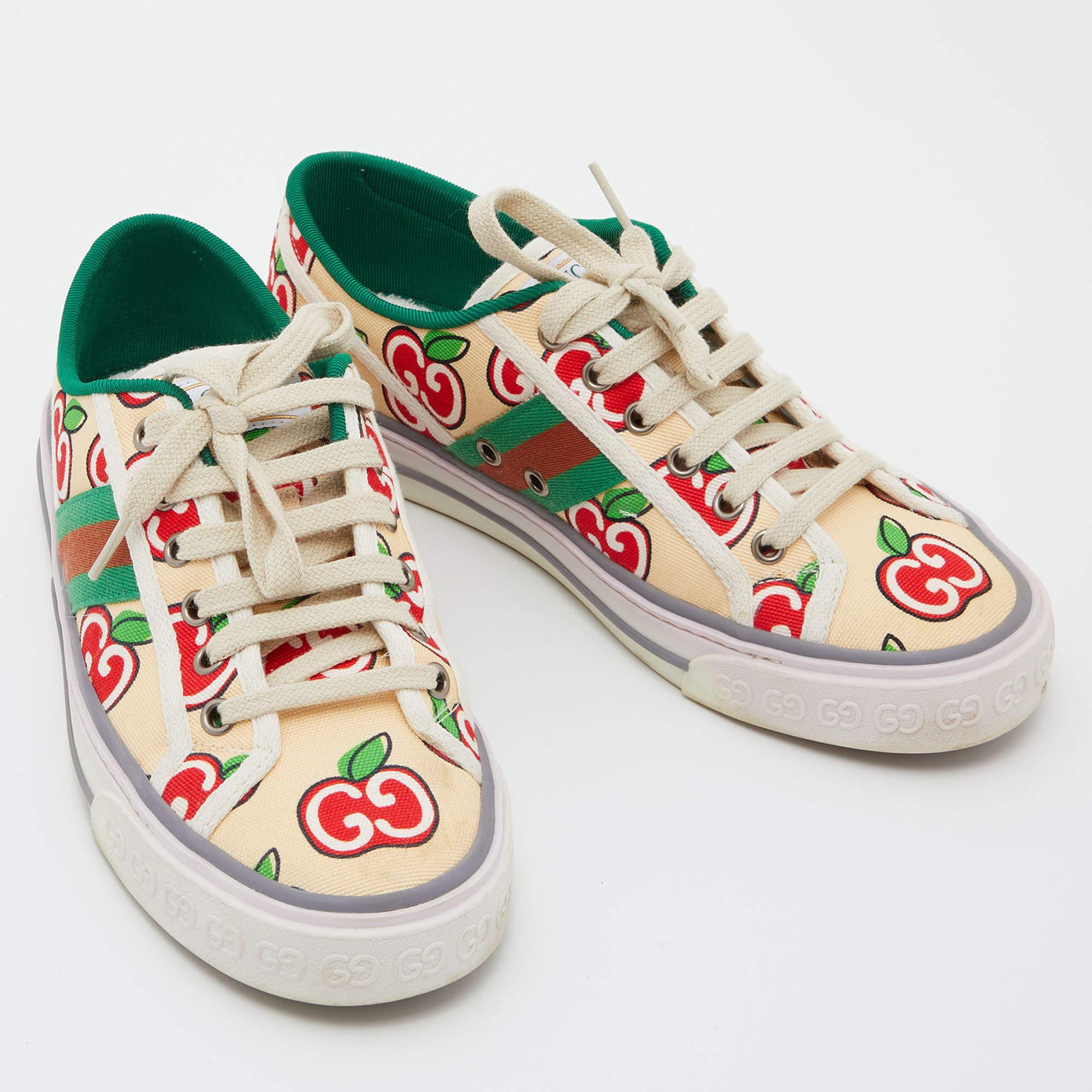 Women's Gucci Multicolor Canvas Tennis 1977 GG Apple Print Low Top Sneakers Size 38