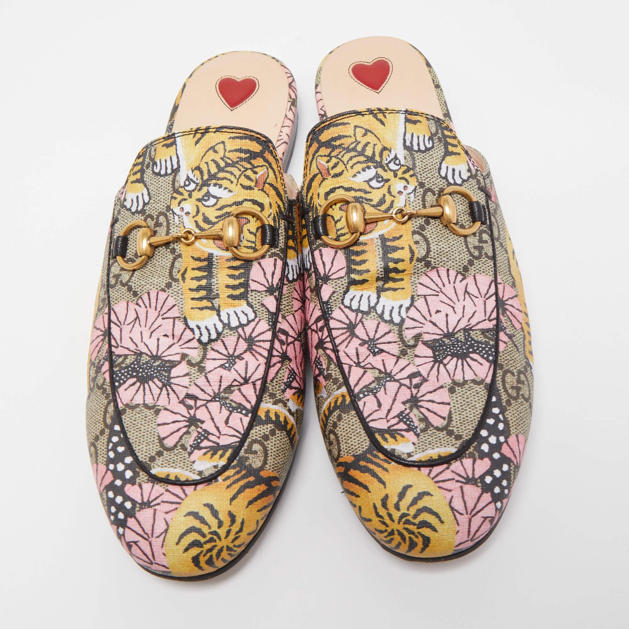 Women's Gucci Multicolor Canvas Tiger Princetown Mules Size 37.5