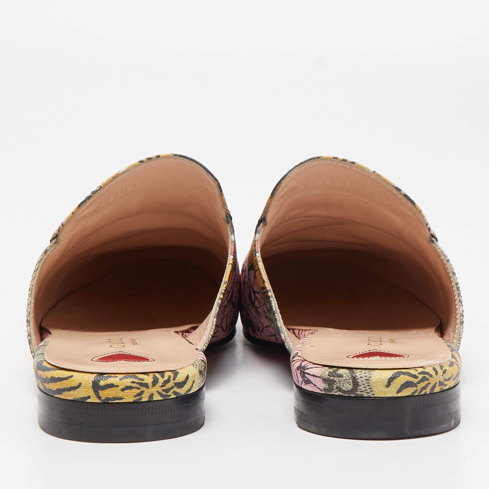 Gucci Multicolor Canvas Tiger Princetown Mules Size 37.5 2