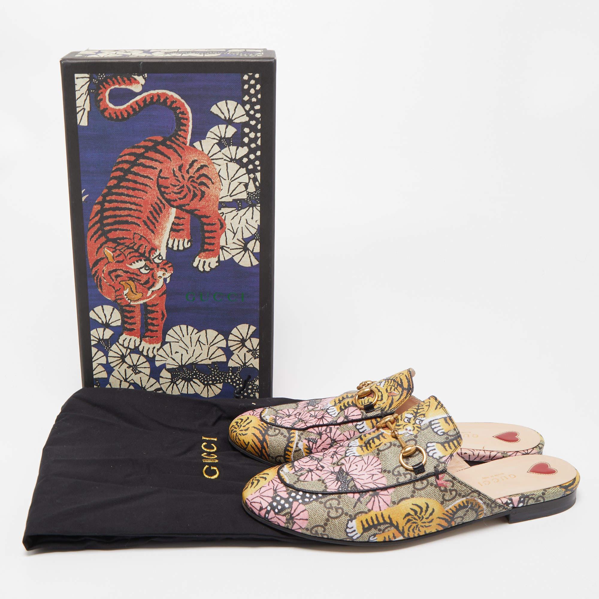 Gucci Multicolor Canvas Tiger Princetown Mules Size 37.5 5