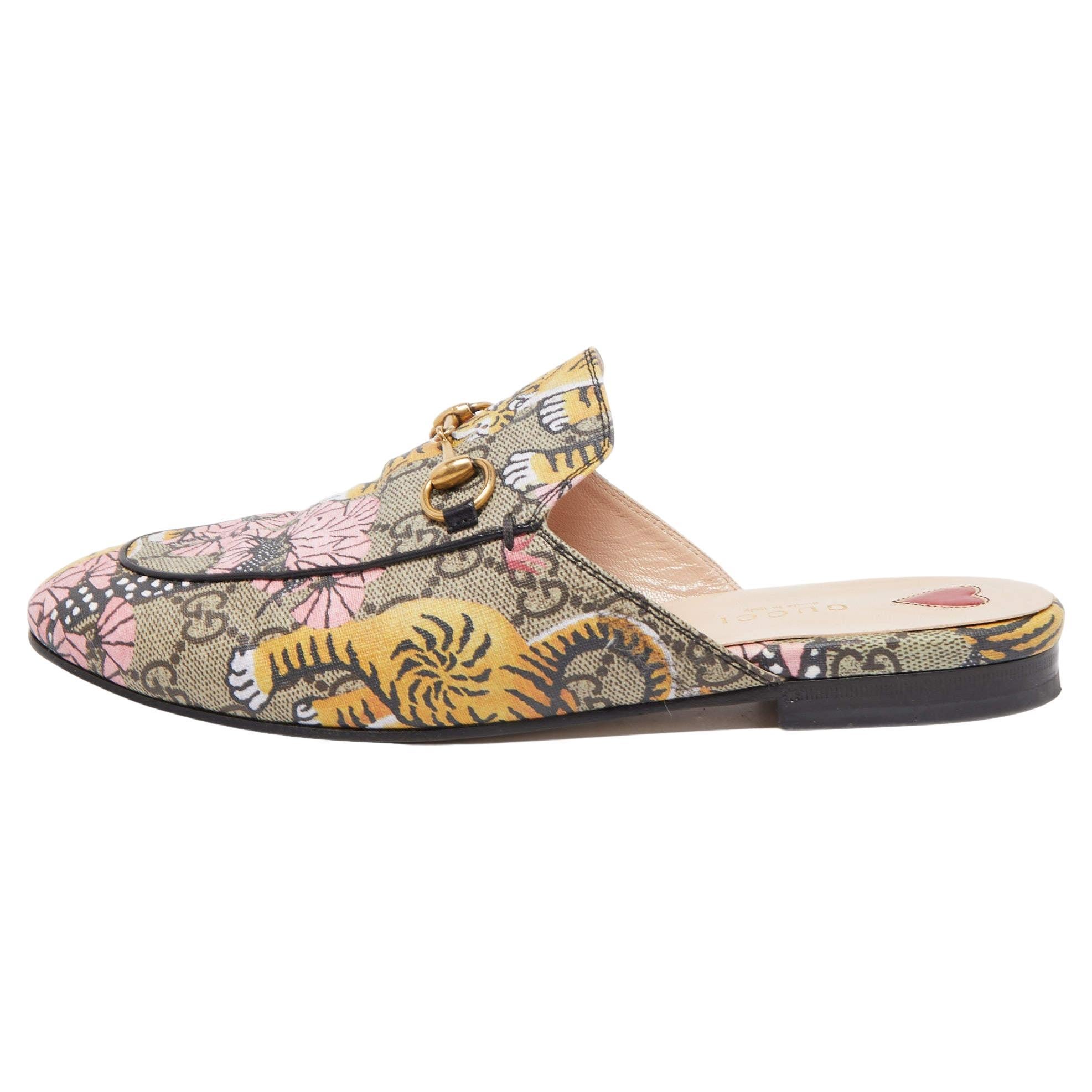 Gucci Multicolor Canvas Tiger Princetown Mules Size 37.5