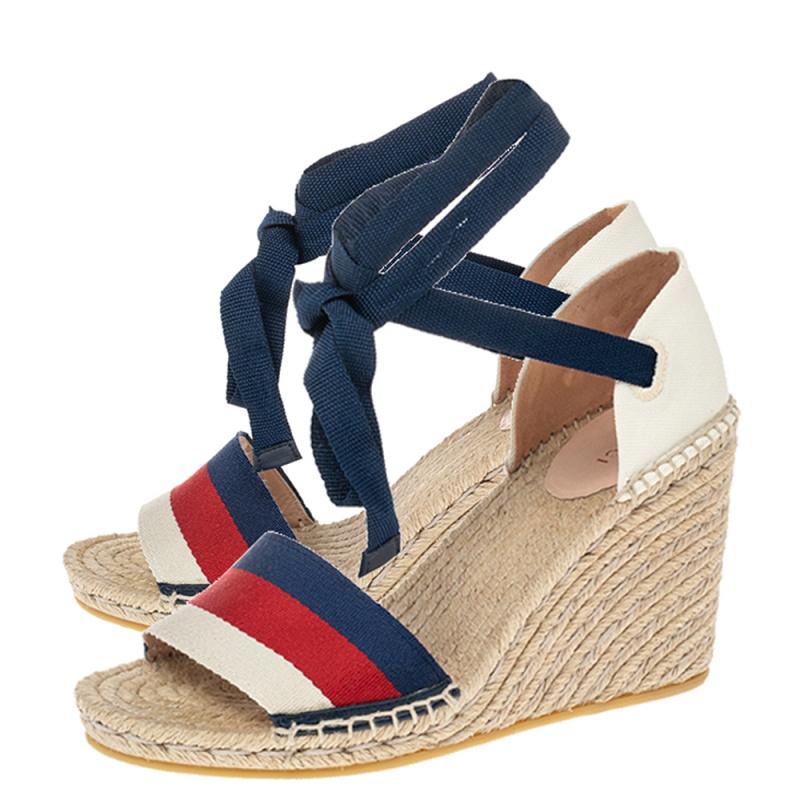 Gucci Multicolor Canvas Web Espadrille Wedge Ankle Wrap Sandals Size 38.5 1