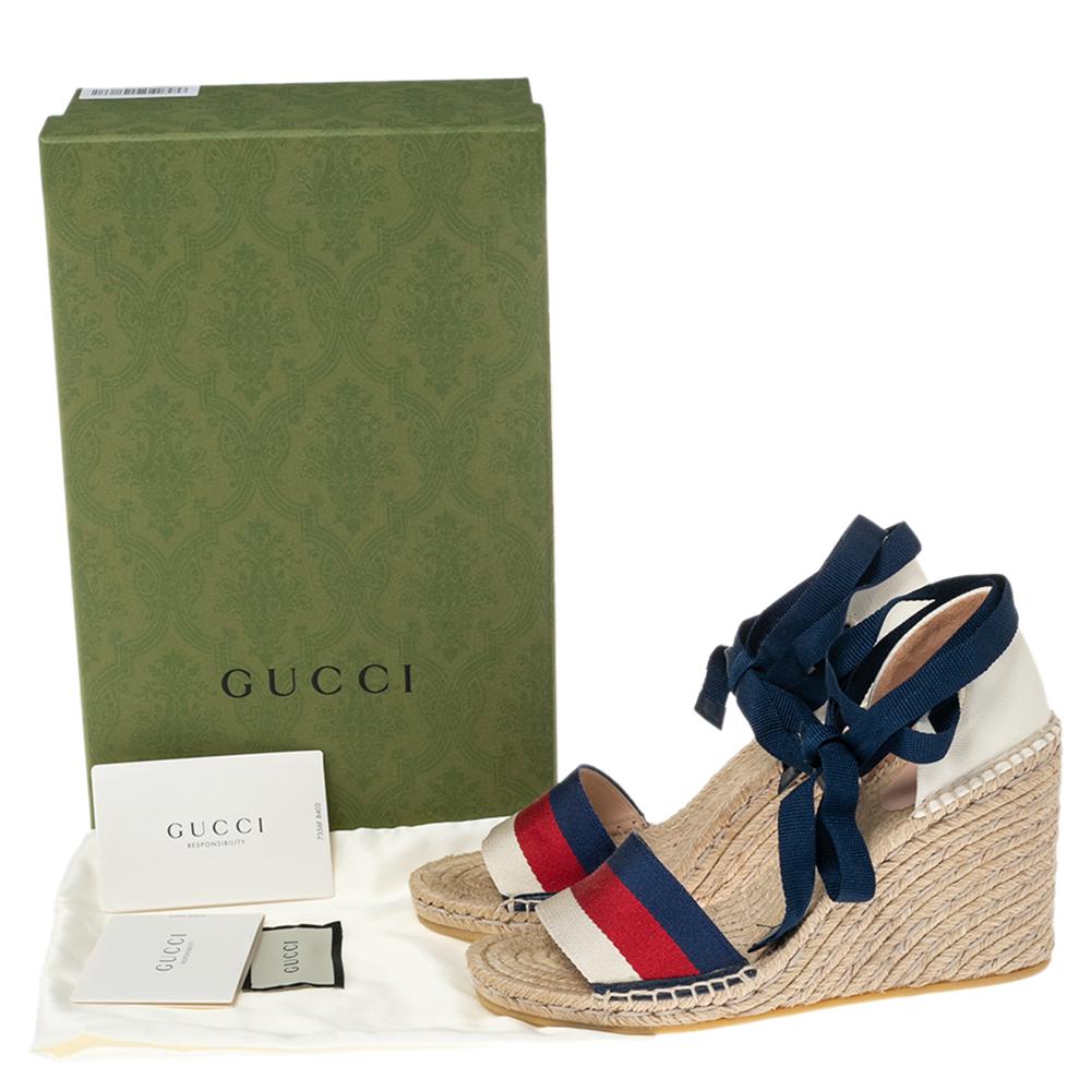 Gucci Multicolor Canvas Web Espadrille Wedge Ankle Wrap Sandals Size 38.5 2