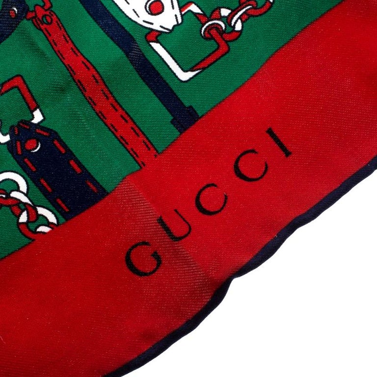 Gucci Multicolor Chain Bridle Stairs Print Silk Square Scarf For Sale ...
