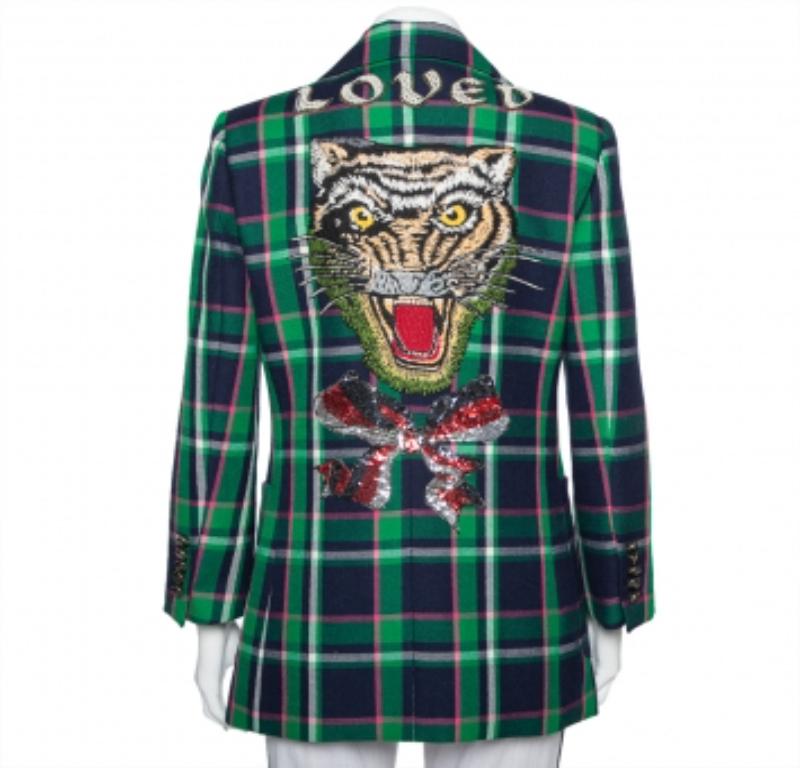 Blue Gucci Multicolor Checkered Wool Tiger Applique Detail Button Front Blazer M For Sale