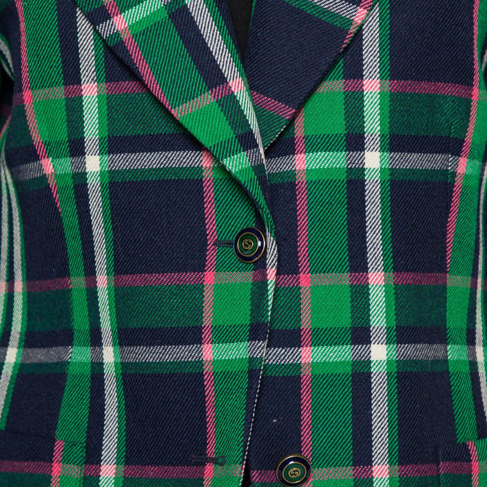 Gucci Multicolor Checkered Wool Tiger Applique Detail Button Front Blazer M In Excellent Condition For Sale In Dubai, Al Qouz 2