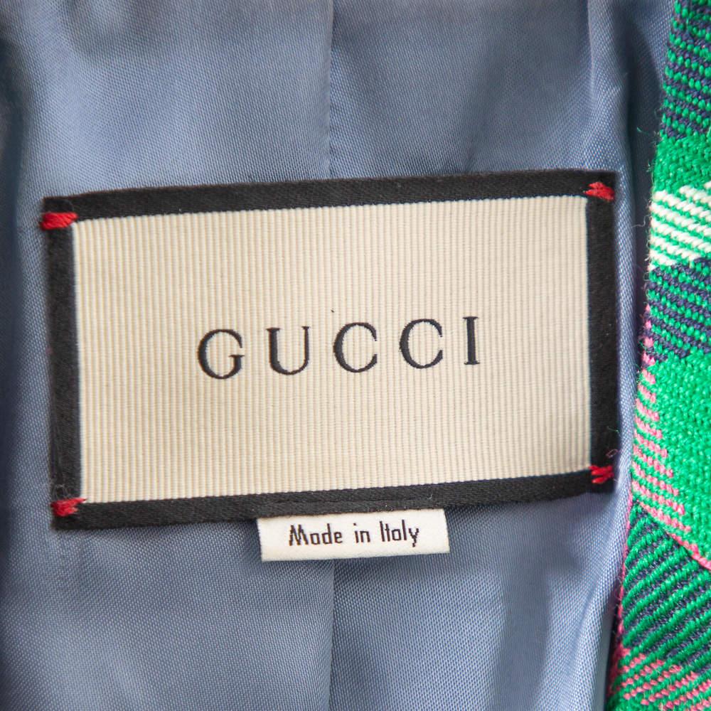 Mehrfarbiger karierter Blazer aus Wolle mit Tigerapplikationen und Knopfleiste von Gucci M Damen im Angebot