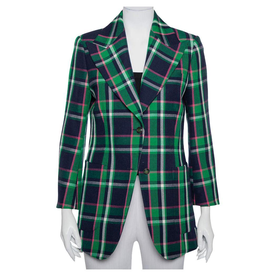 Gucci Multicolor Checkered Wool Tiger Applique Detail Button Front Blazer M For Sale