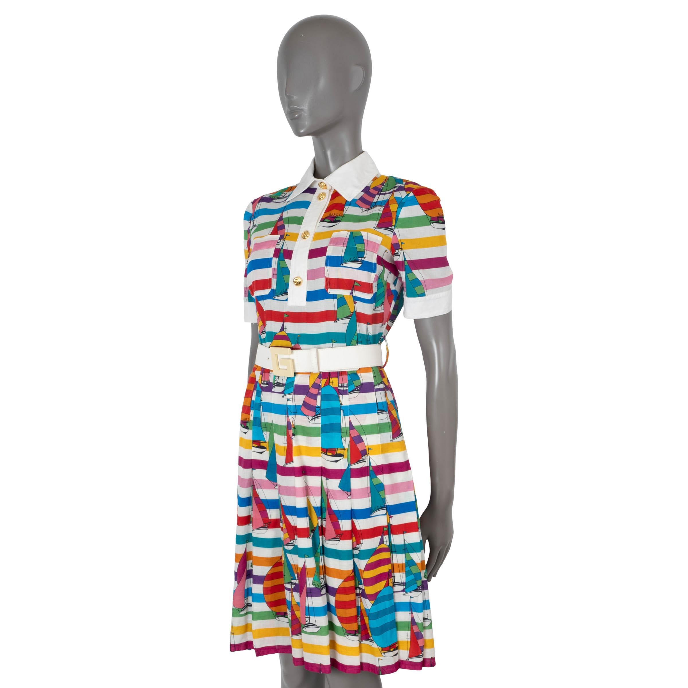 100% authentic Gucci belted short sleeve sailboat-print dress in white, pink, red, green, petrol and yellow cotton (70%) and linen (30%). The design features a detachable off-white canvas logo belt, four gold-tone GG front buttons, a classic shirt