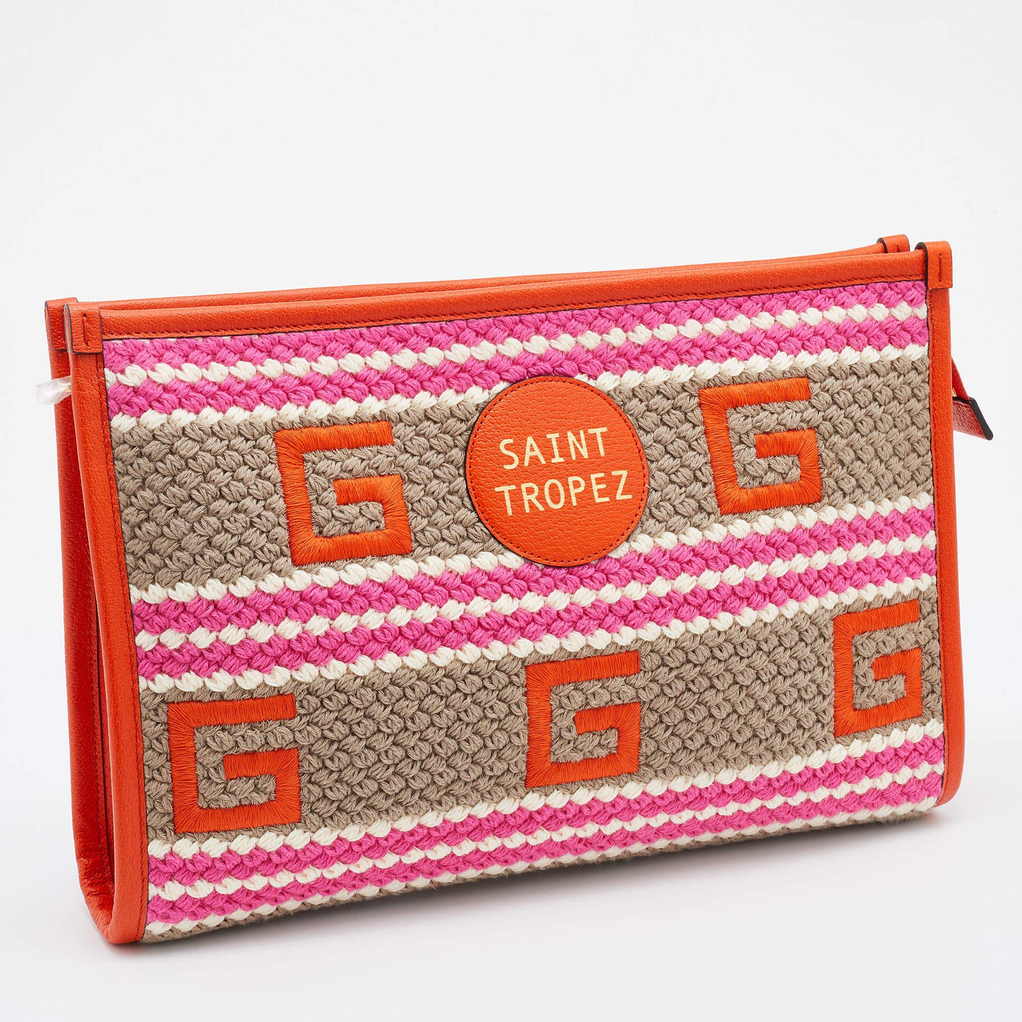 Gucci Multicolor Crochet Fabric and Leather Saint Tropez Zip Pouch In Excellent Condition In Dubai, Al Qouz 2