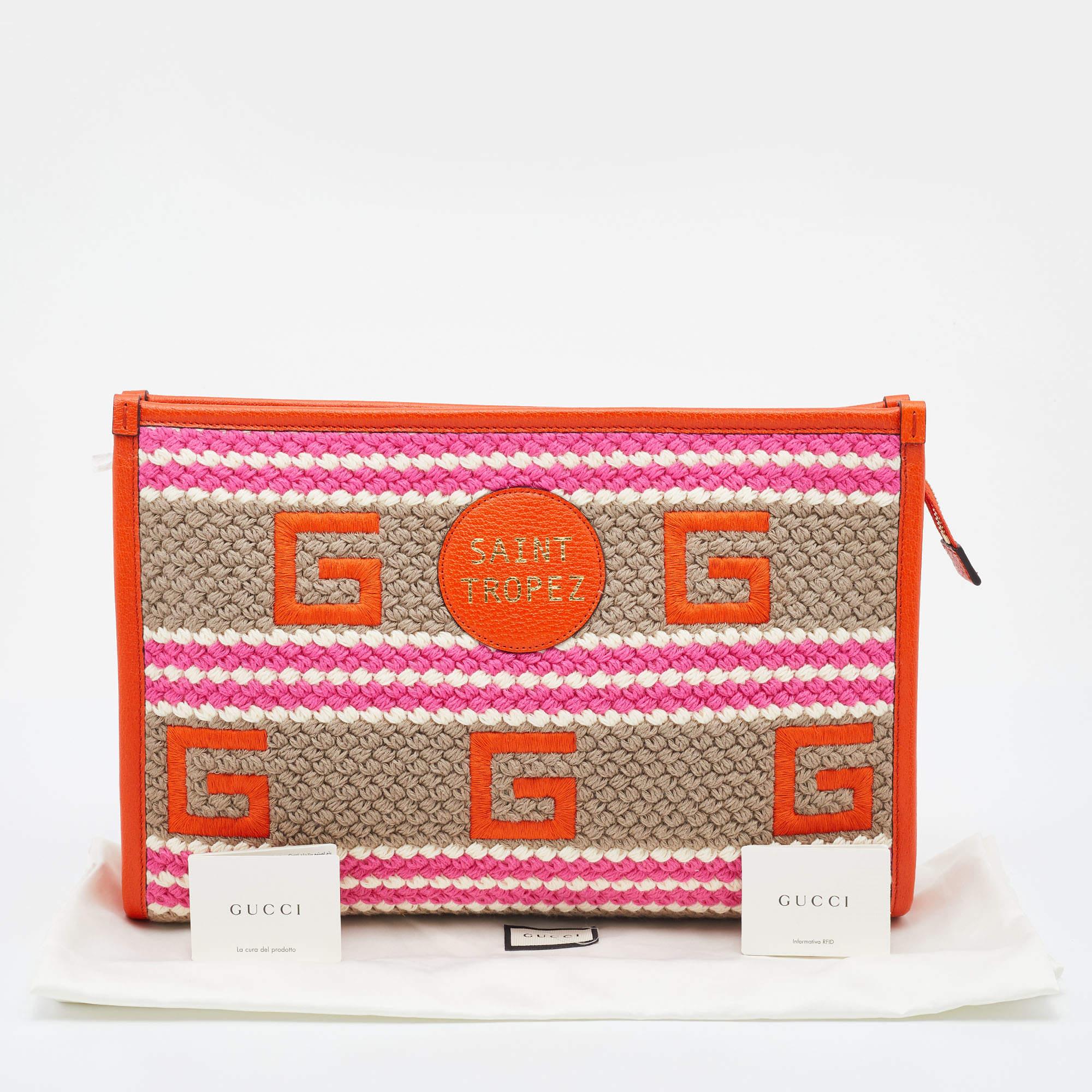 Gucci Multicolor Crochet Fabric and Leather Saint Tropez Zip Pouch 4