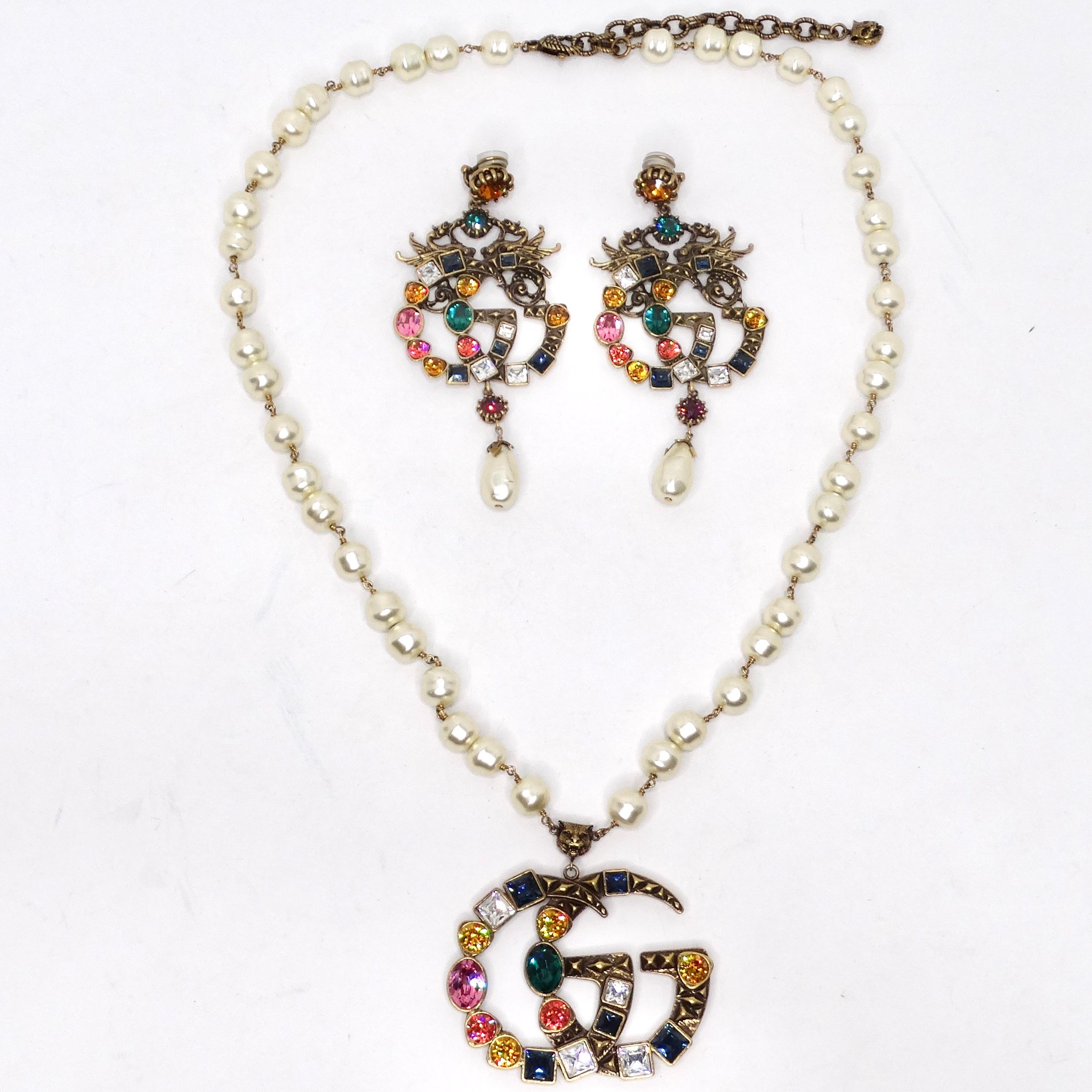 Gucci Multicolor Crystal Faux Pearl Logo Necklace & Earrings Set For Sale 12