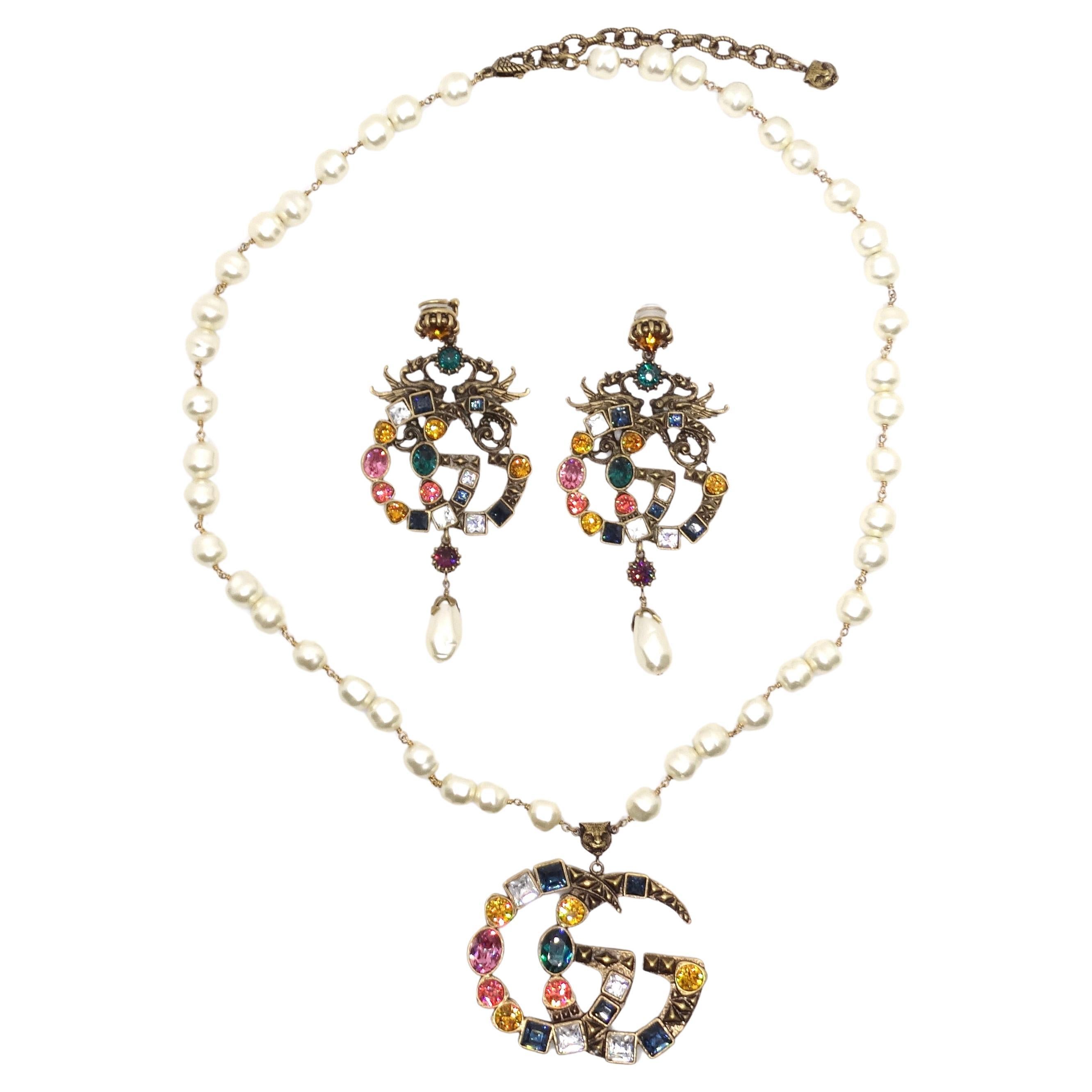 Gucci Multicolor Crystal Faux Pearl Logo Necklace & Earrings Set For Sale