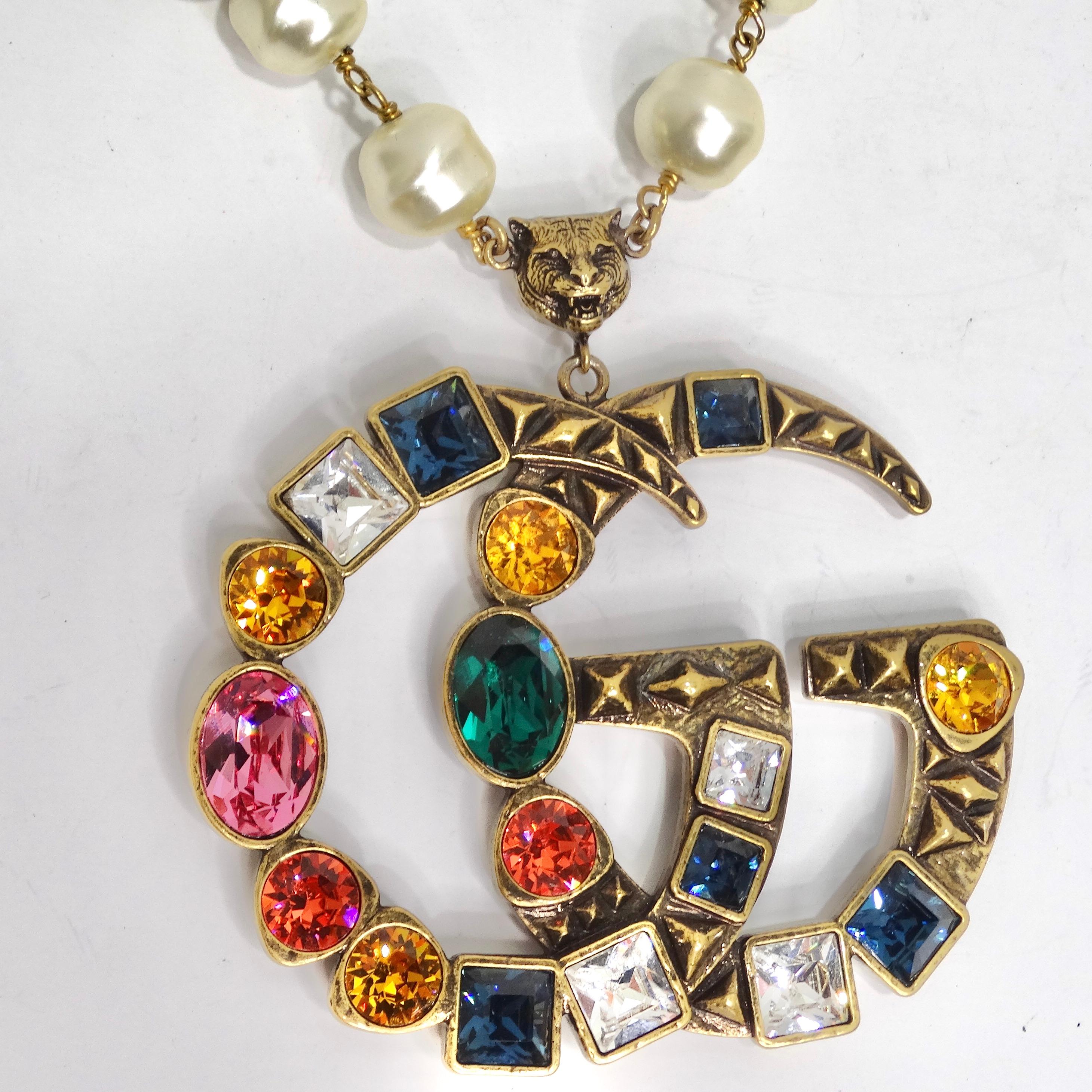 Women's or Men's Gucci Multicolor Crystal Faux Pearl Logo Pendent Necklace For Sale