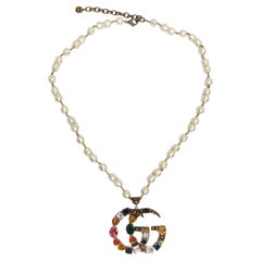 Used Gucci Multicolor Crystal Faux Pearl Logo Pendent Necklace