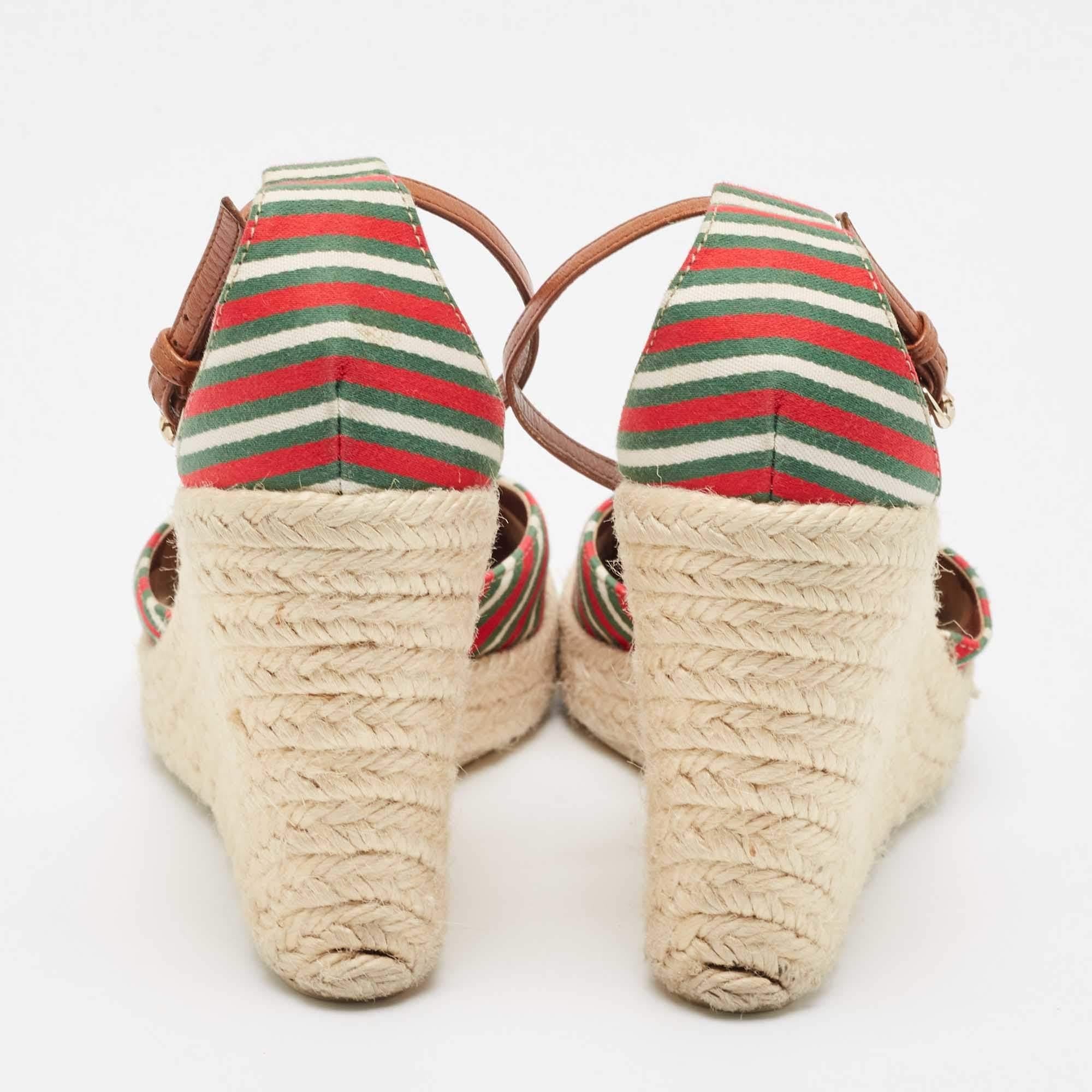 Beige Gucci Multicolor Fabric Platform Wedge Espadrille Sandals Size 38 For Sale