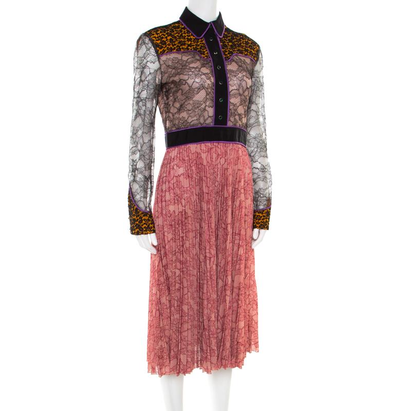 Brown Gucci Multicolor Floral Bonded Lace Plisse Dress M