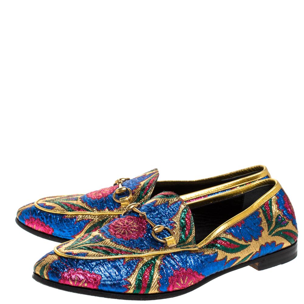 Gucci Multicolor Floral Brocade Fabric Horsebit Jordaan Loafer Flats Size 38 In Good Condition In Dubai, Al Qouz 2