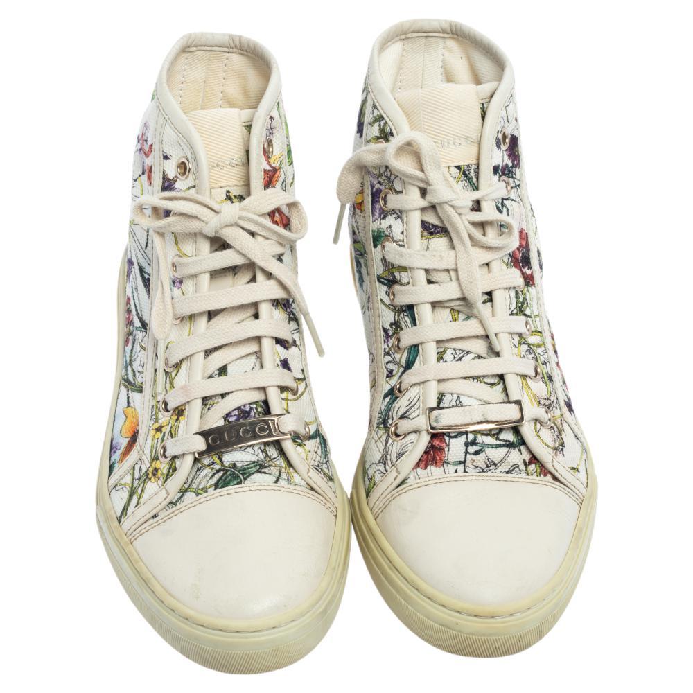 Beige Gucci Multicolor Floral Canvas High Top Sneakers Size 37