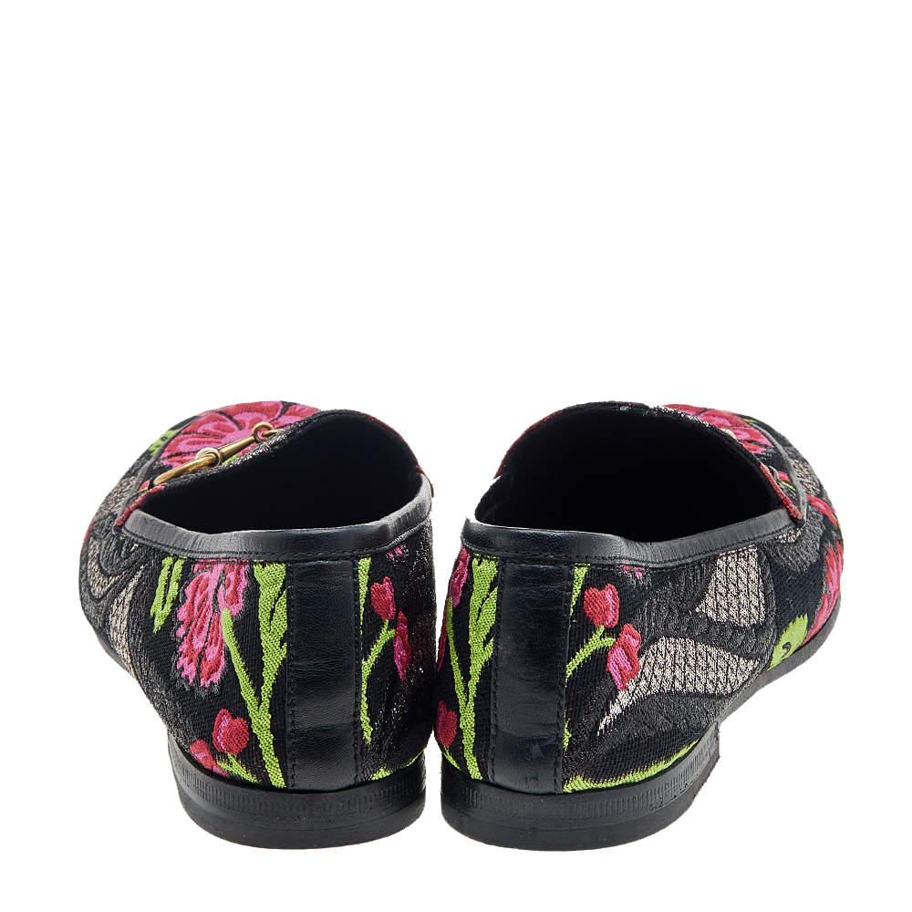 Black Gucci Multicolor Floral Embroidered Brocade Fabric Jordaan Horsebit Slip 